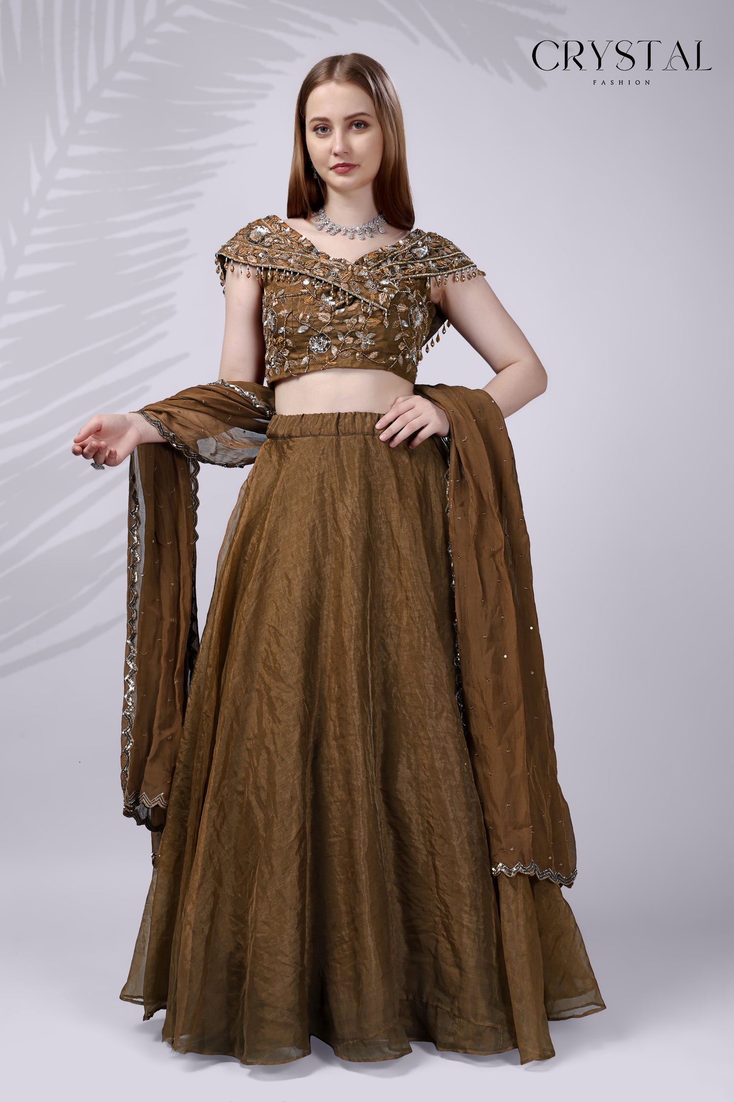 Brown Organza Western Lehenga Choli – Hand Embroidery Work
