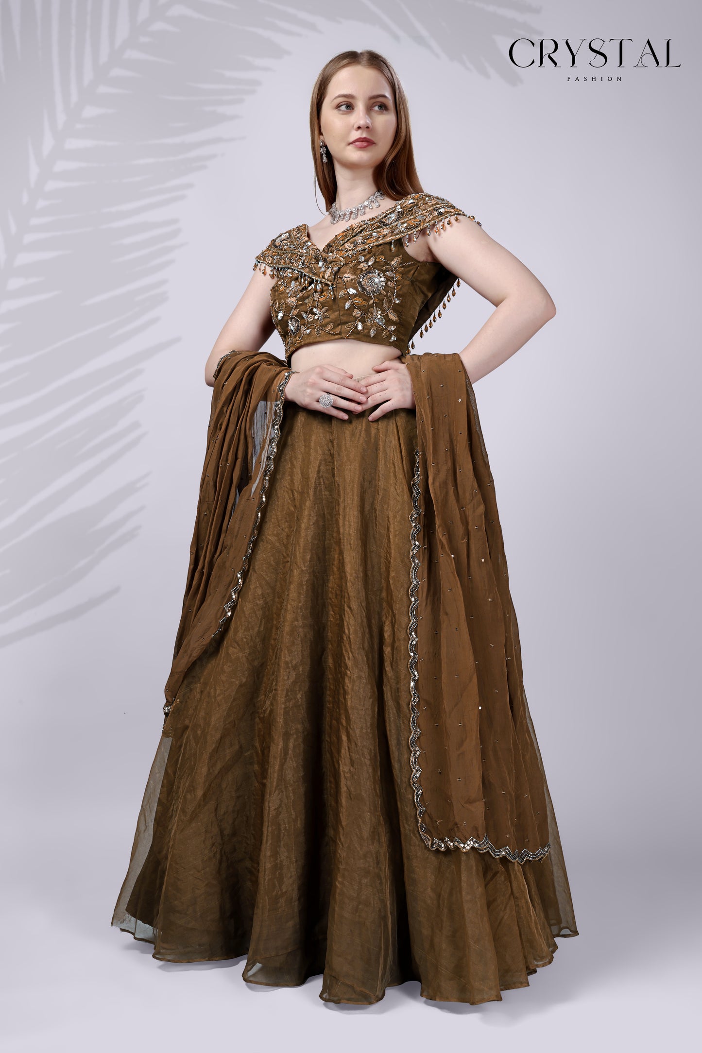 Brown Organza Western Lehenga Choli – Hand Embroidery Work