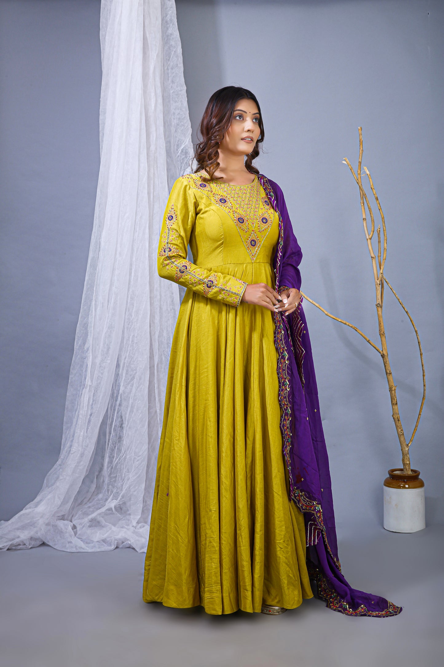 Vibrant Yellow Anarkali Gown with Purple Dupatta