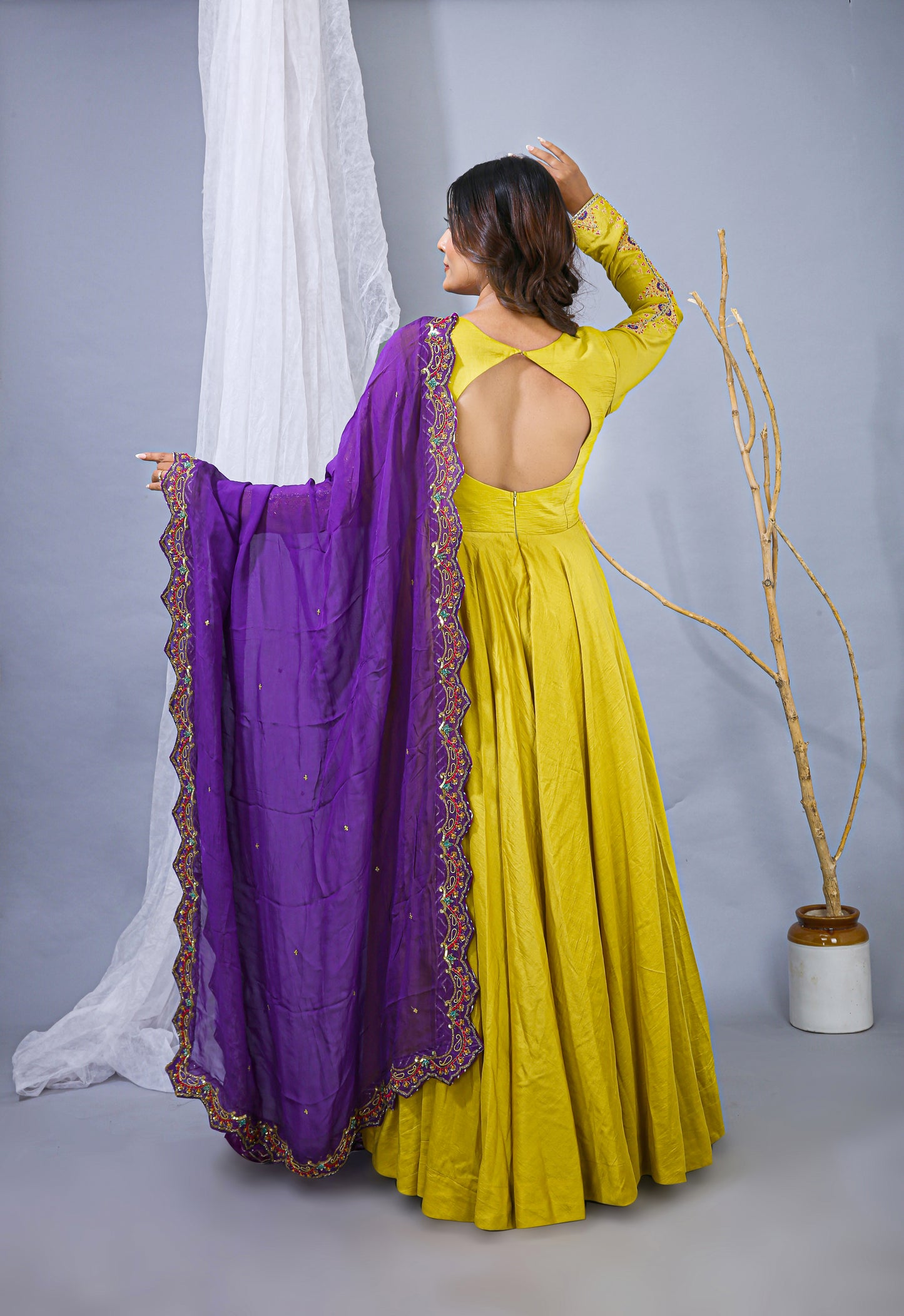 Vibrant Yellow Anarkali Gown with Purple Dupatta