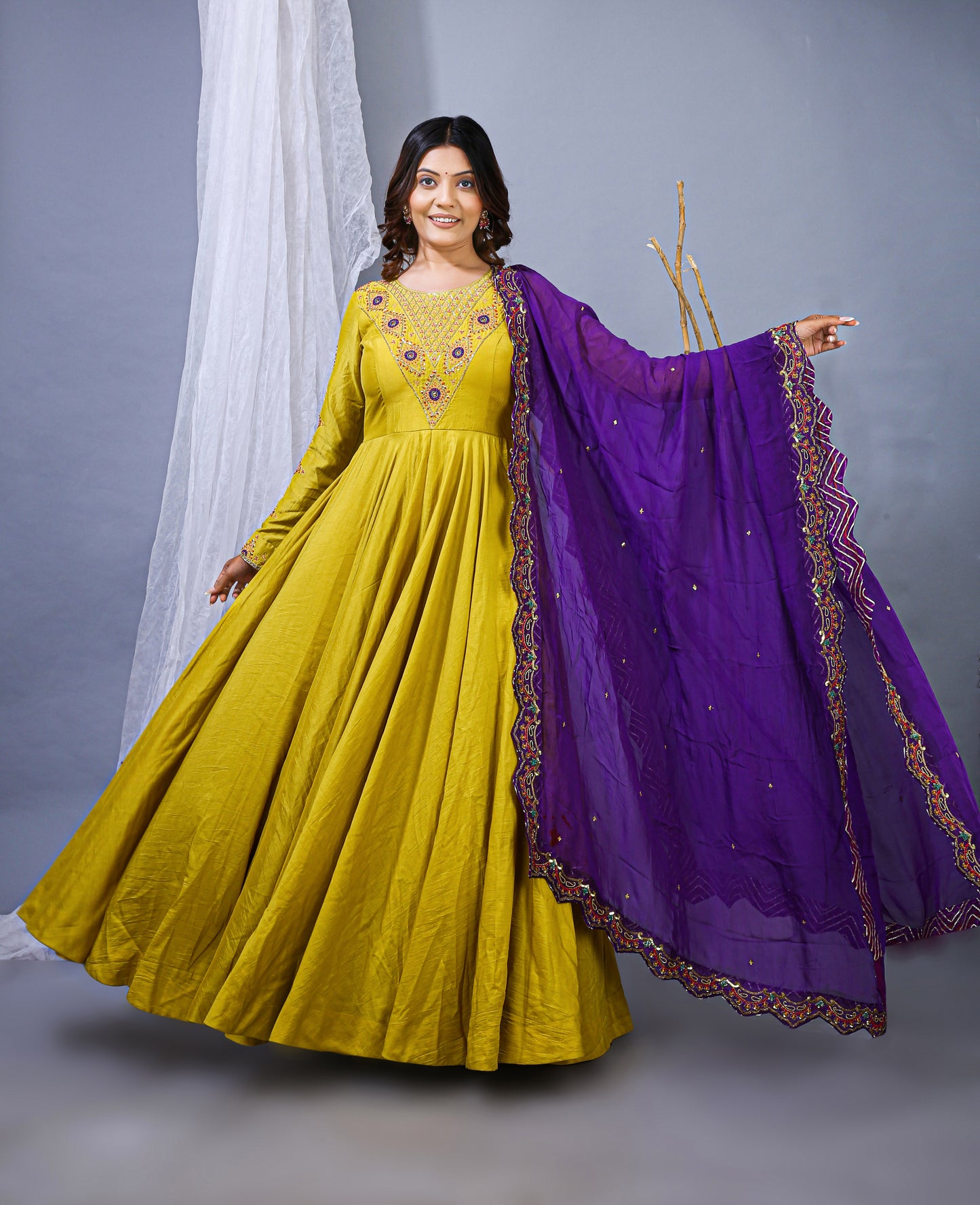Vibrant Yellow Anarkali Gown with Purple Dupatta