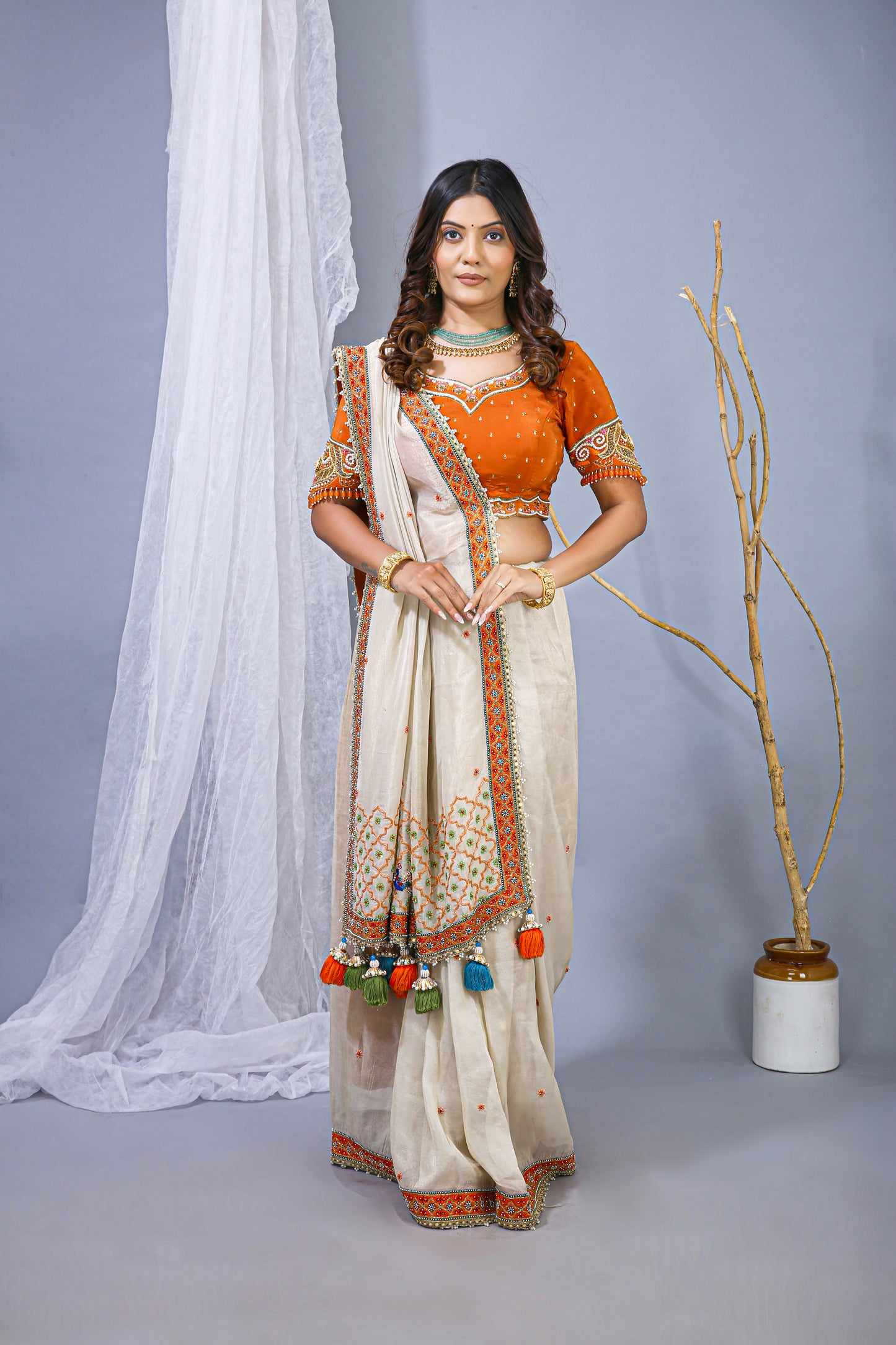 Offwhite Orange Zari Organza Saree – Khatali Embroidery Work