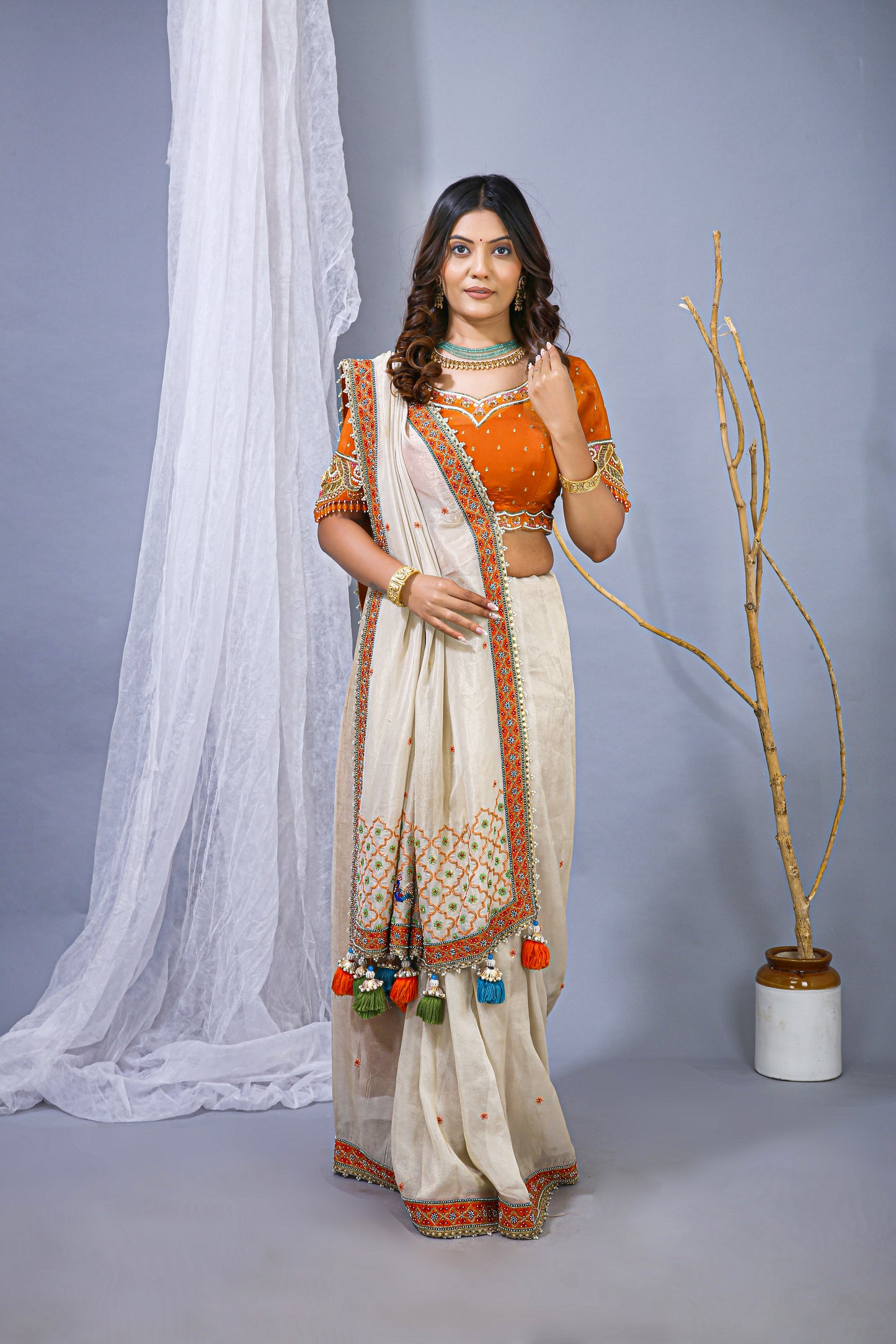 Offwhite Orange Zari Organza Saree – Khatali Embroidery Work