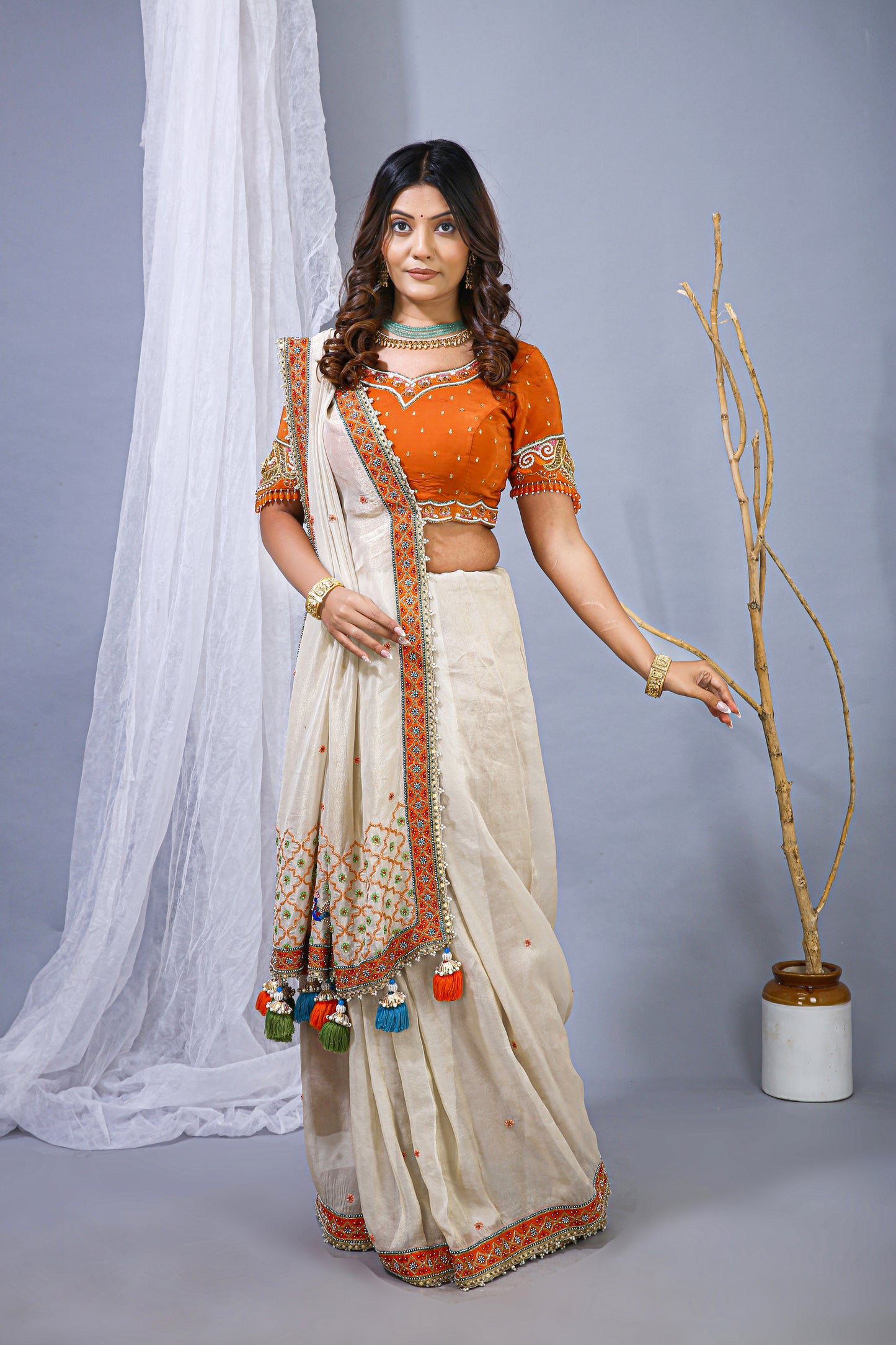 Offwhite Orange Zari Organza Saree – Khatali Embroidery Work