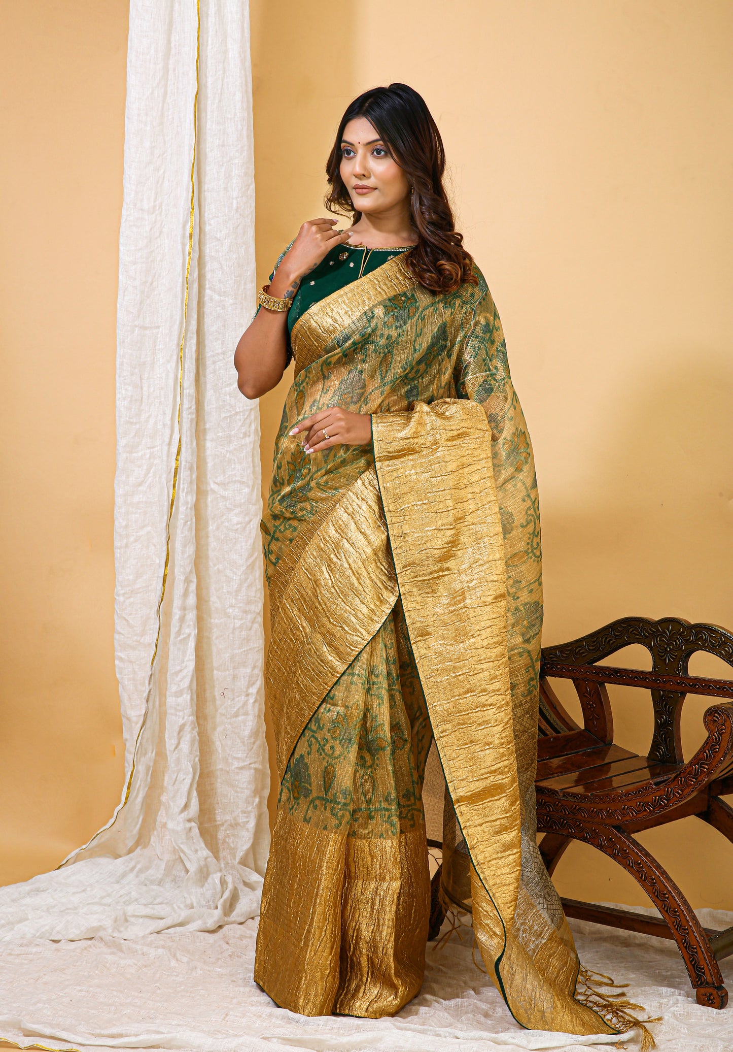 Green and Gold Tissue Organza Saree with Hand Embroidered Blouse