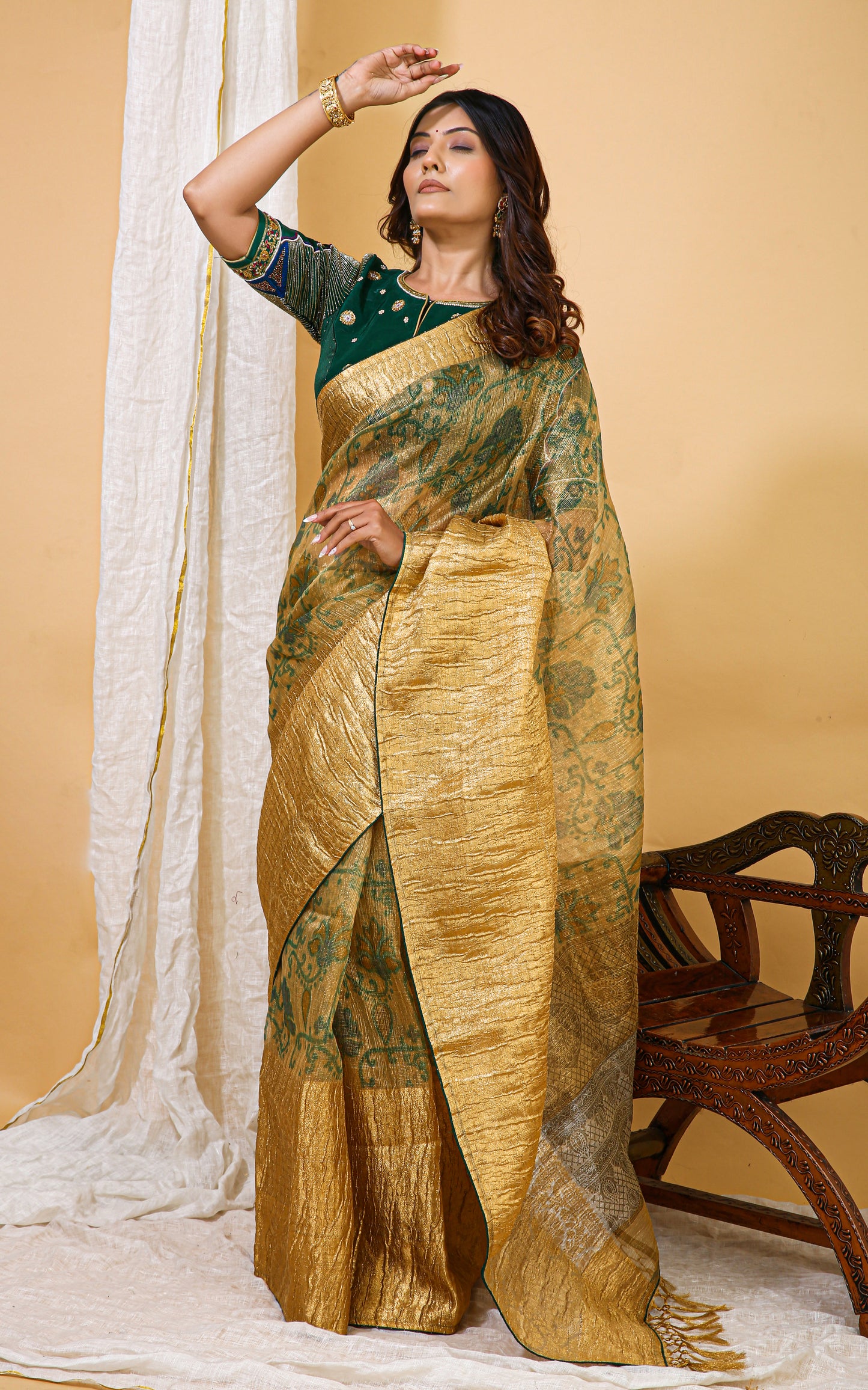 Green and Gold Tissue Organza Saree with Hand Embroidered Blouse