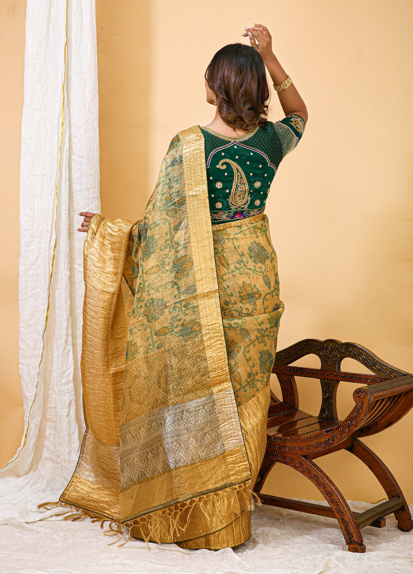 Green and Gold Tissue Organza Saree with Hand Embroidered Blouse