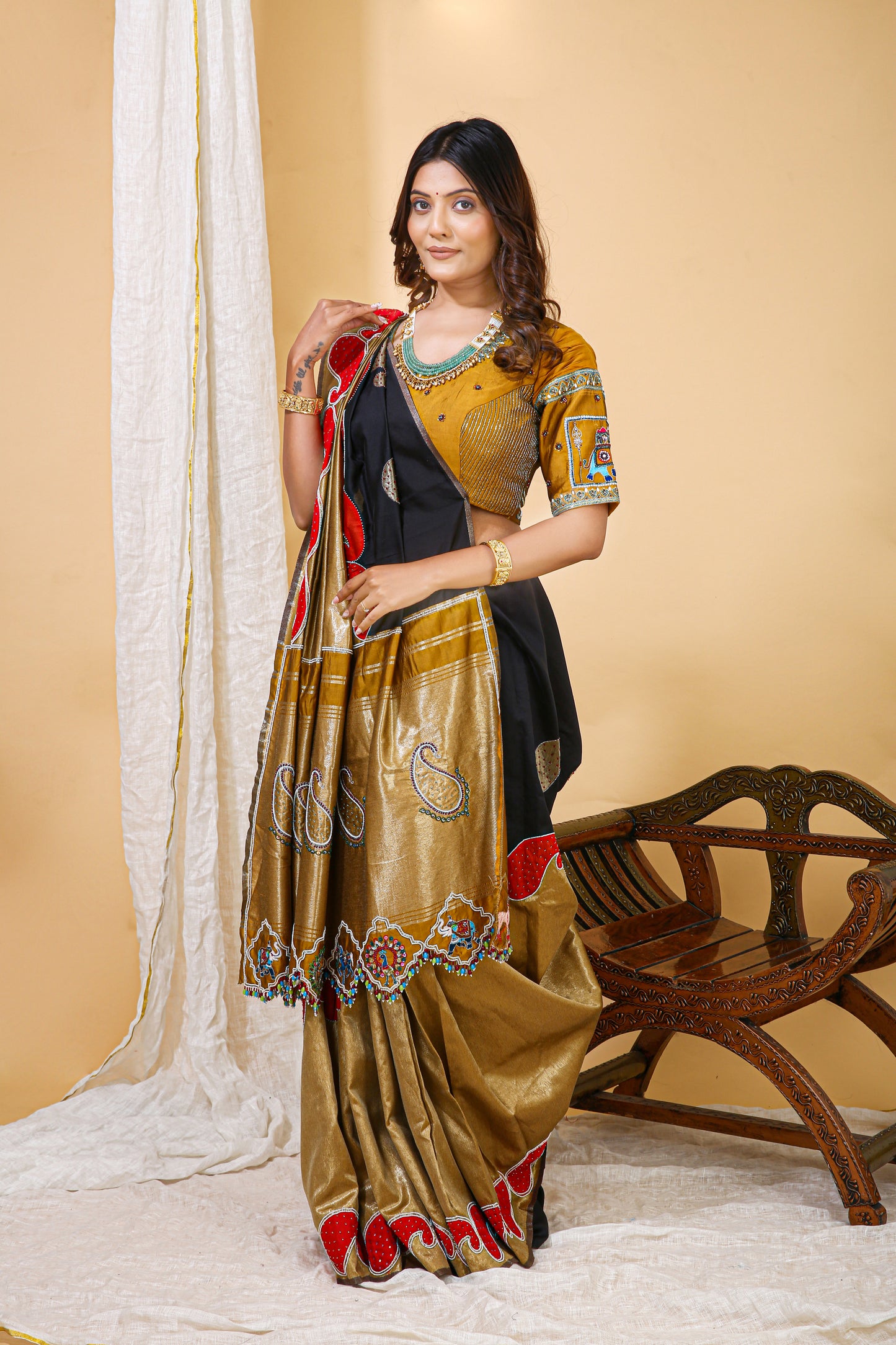Gold and Red Silk Saree with Blouse - Keri Motif Border Hand Embroidery