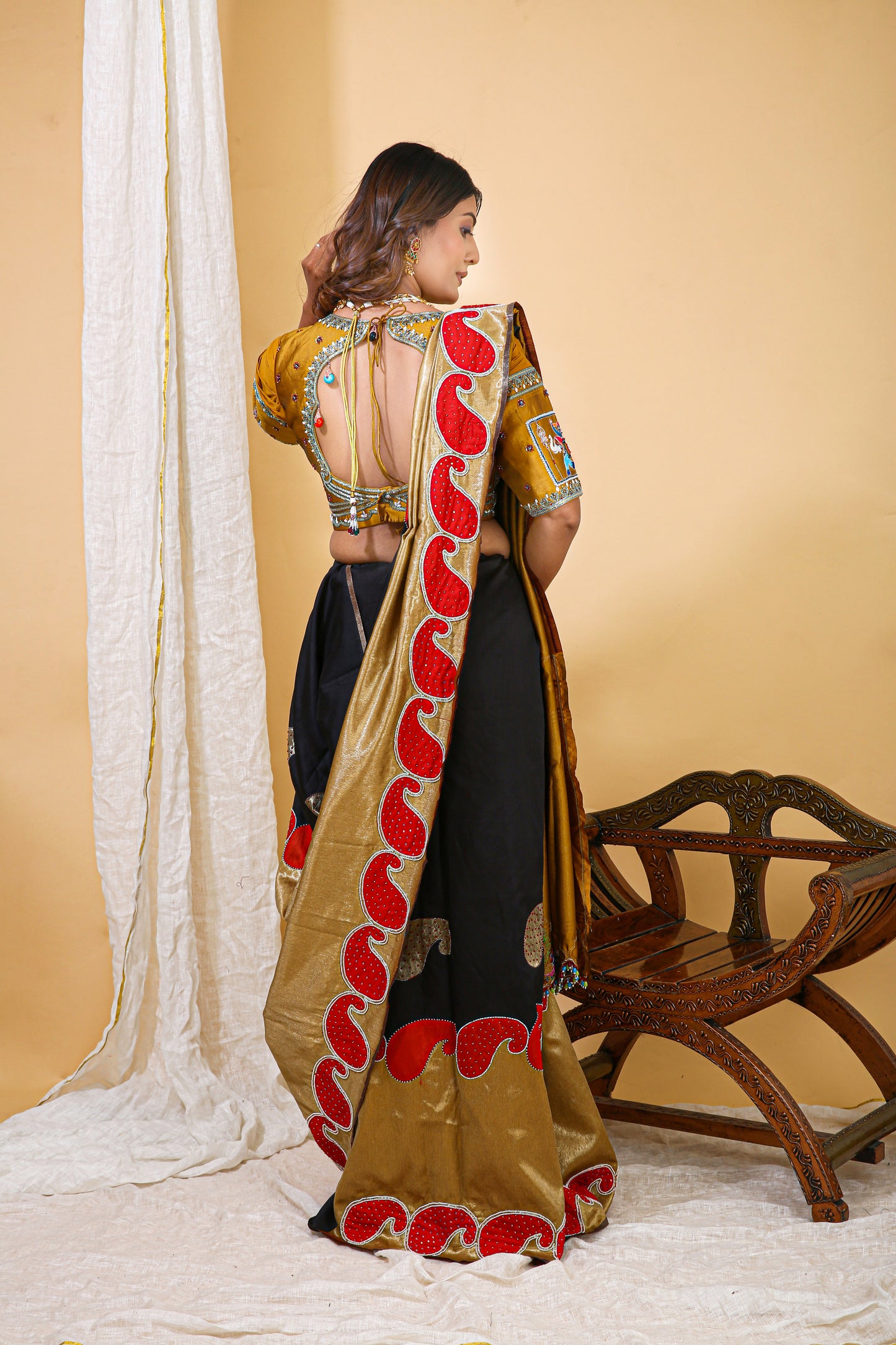 Gold and Red Silk Saree with Blouse - Keri Motif Border Hand Embroidery