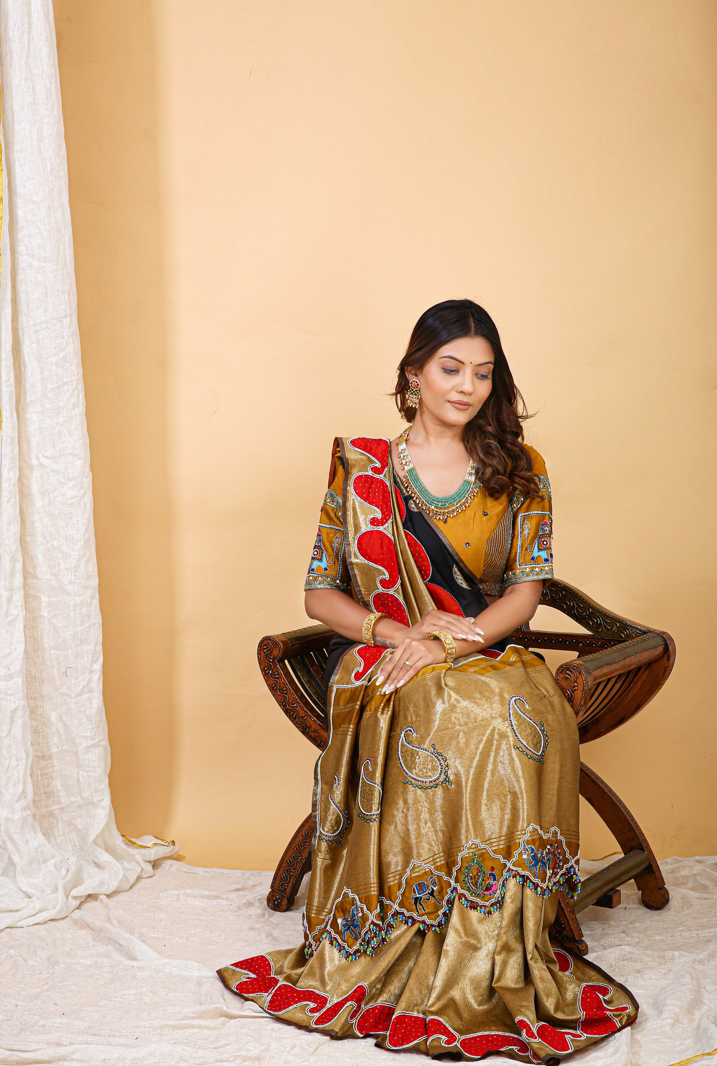Gold and Red Silk Saree with Blouse - Keri Motif Border Hand Embroidery