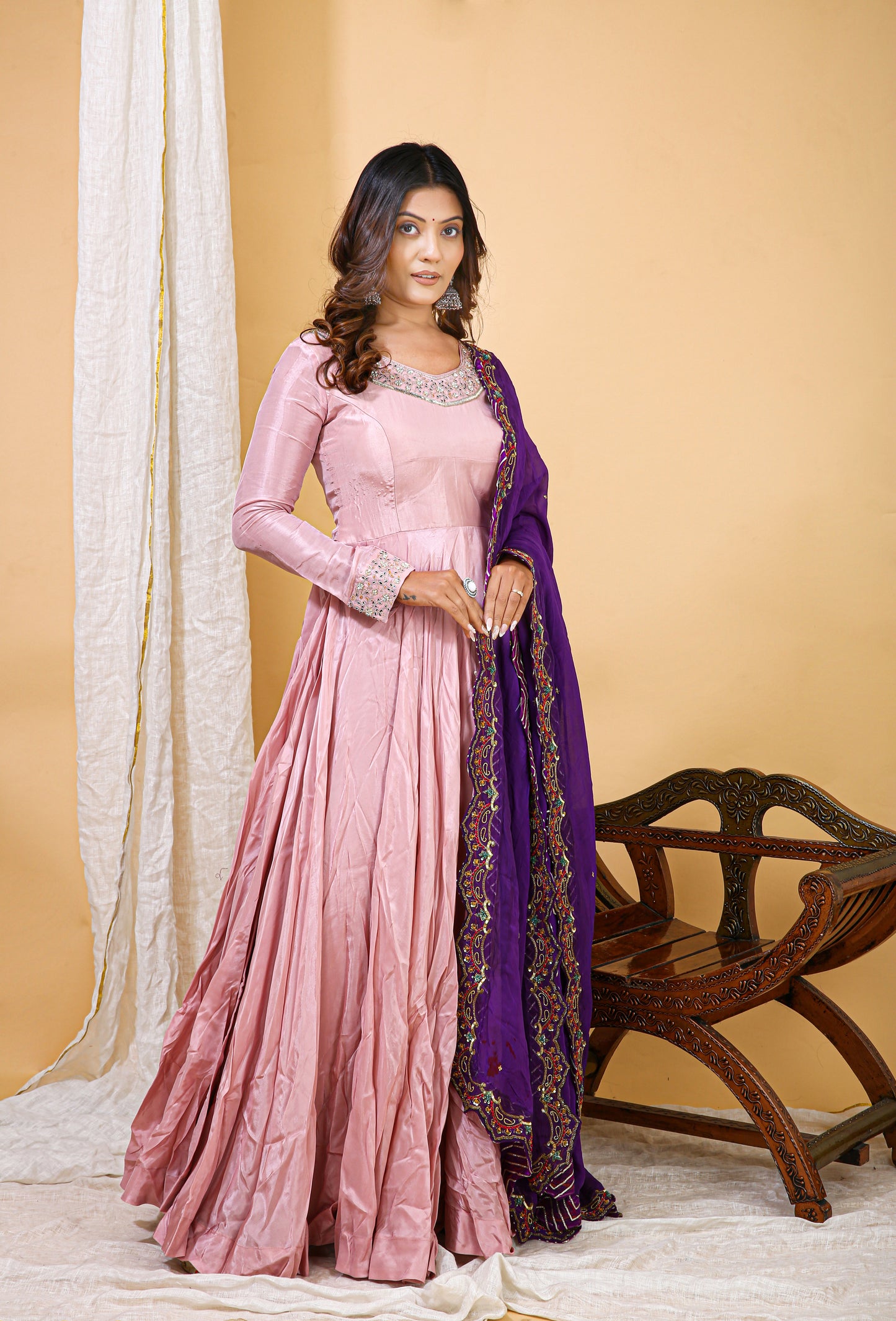 Blush Pink Silk Anarkali with Embroidered Dupatta