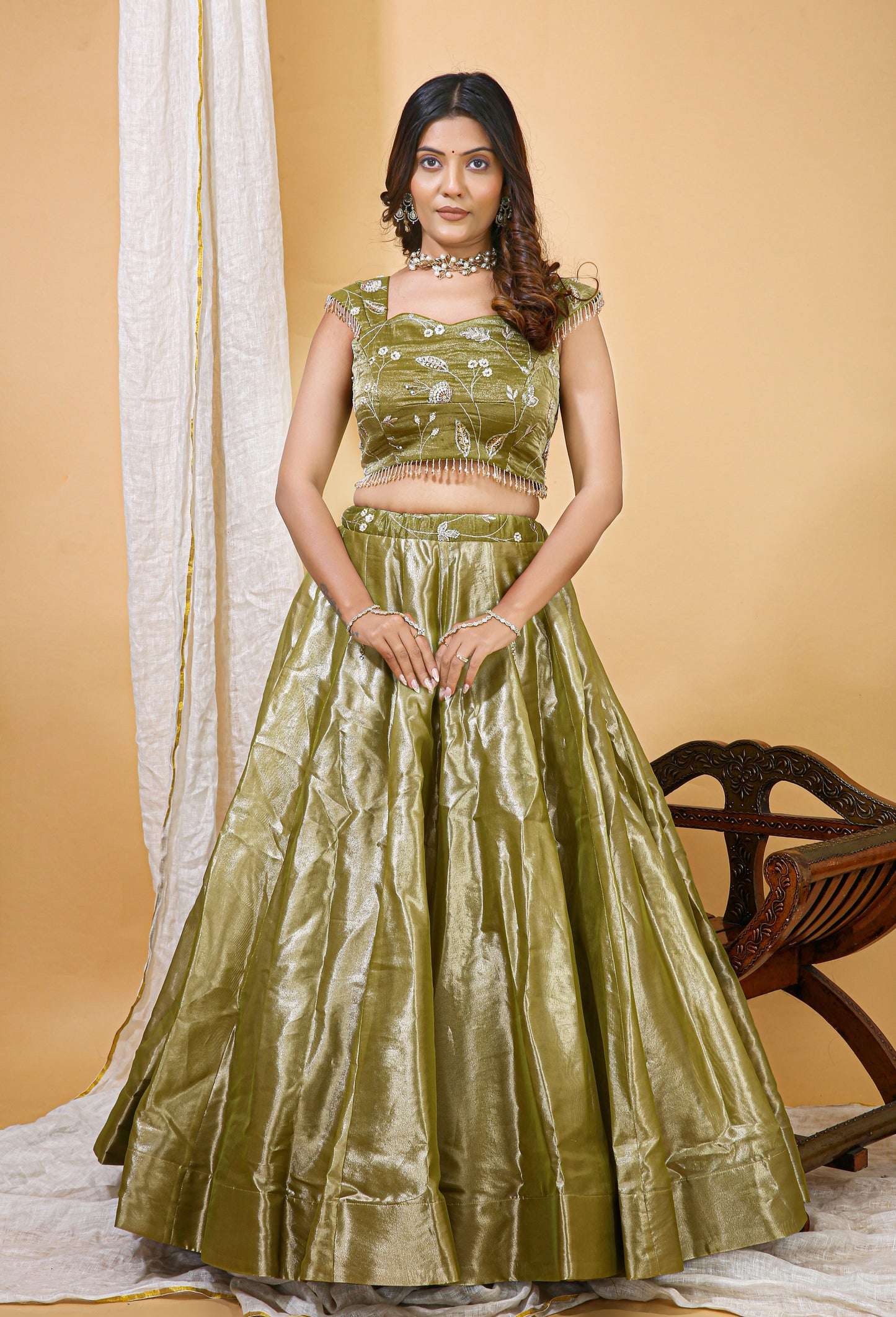 Olive Green Organza Embroidered Lehenga Choli
