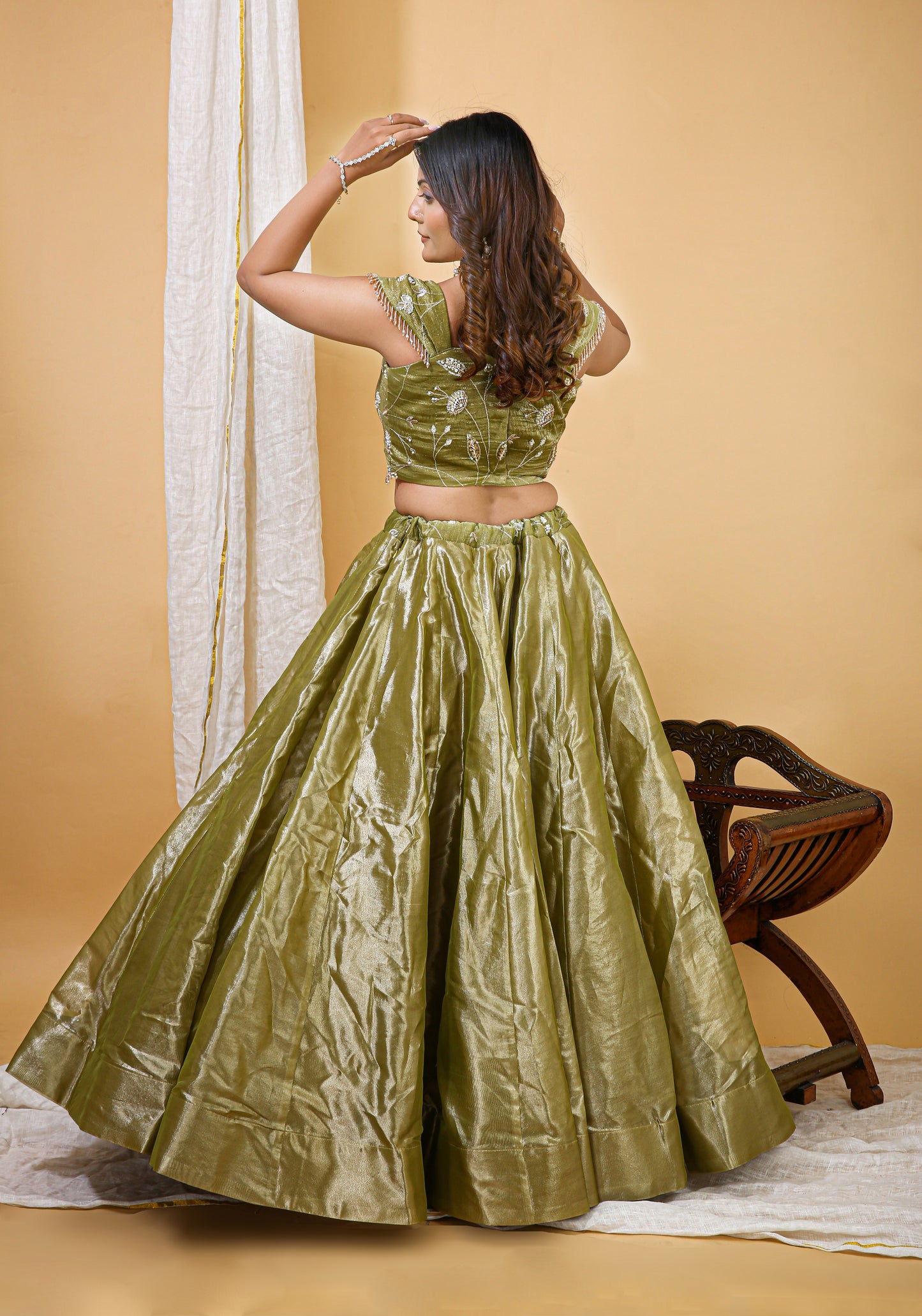 Olive Green Organza Embroidered Lehenga Choli