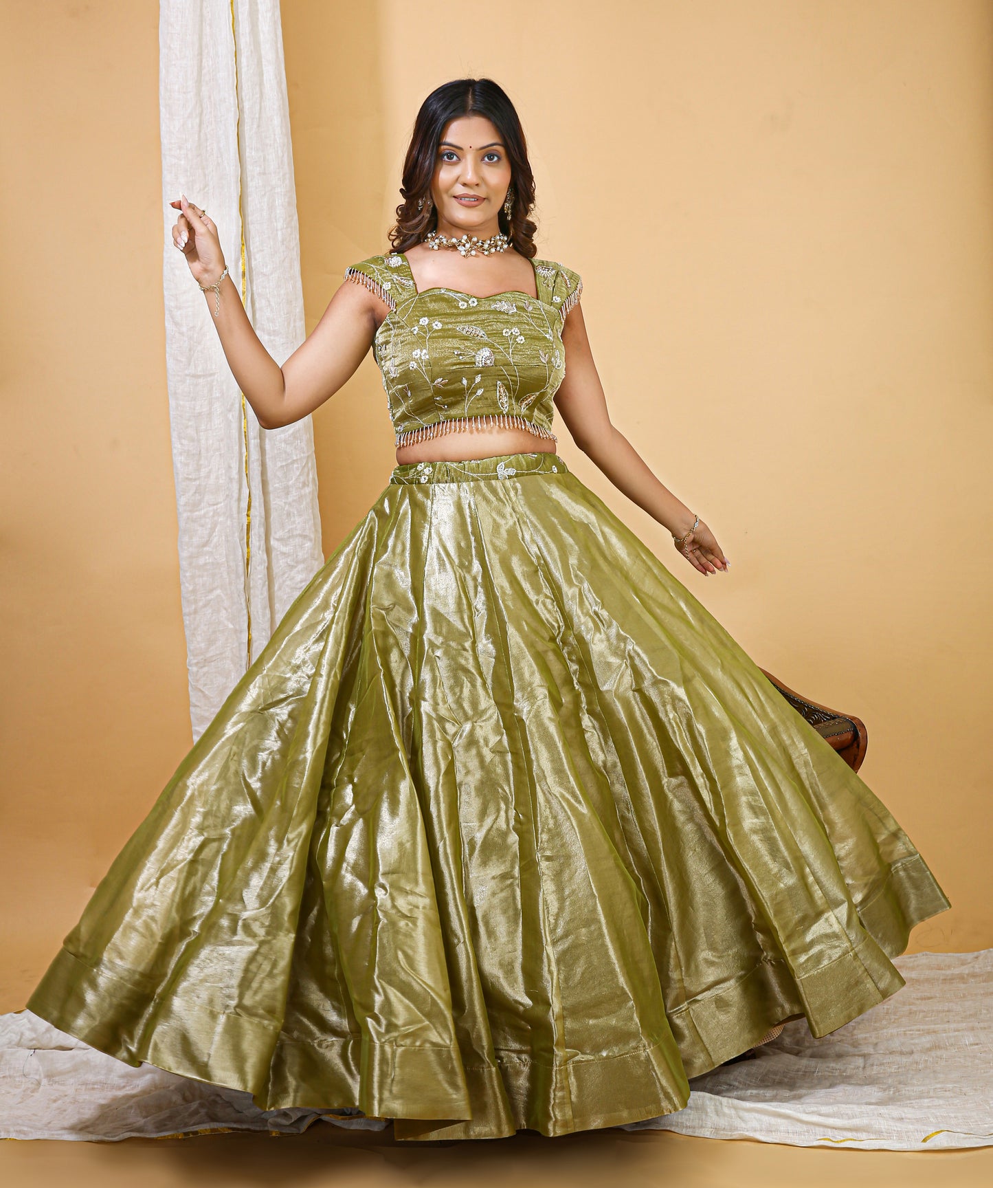 Olive Green Organza Embroidered Lehenga Choli