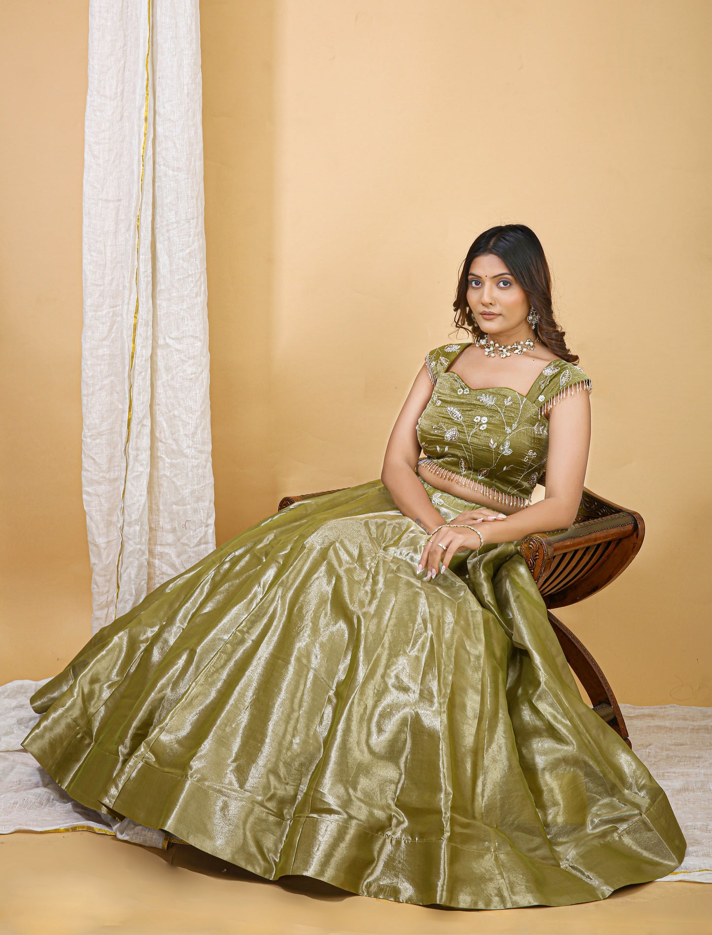 Olive Green Organza Embroidered Lehenga Choli