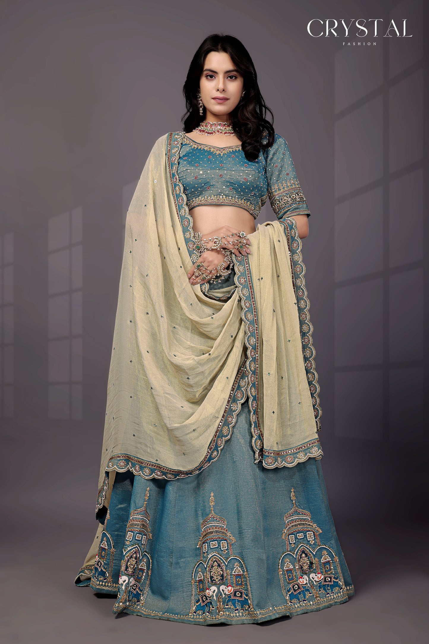 Rama Jari Tissue Lehenga Choli – Elephant Motif Hand Embroidery
