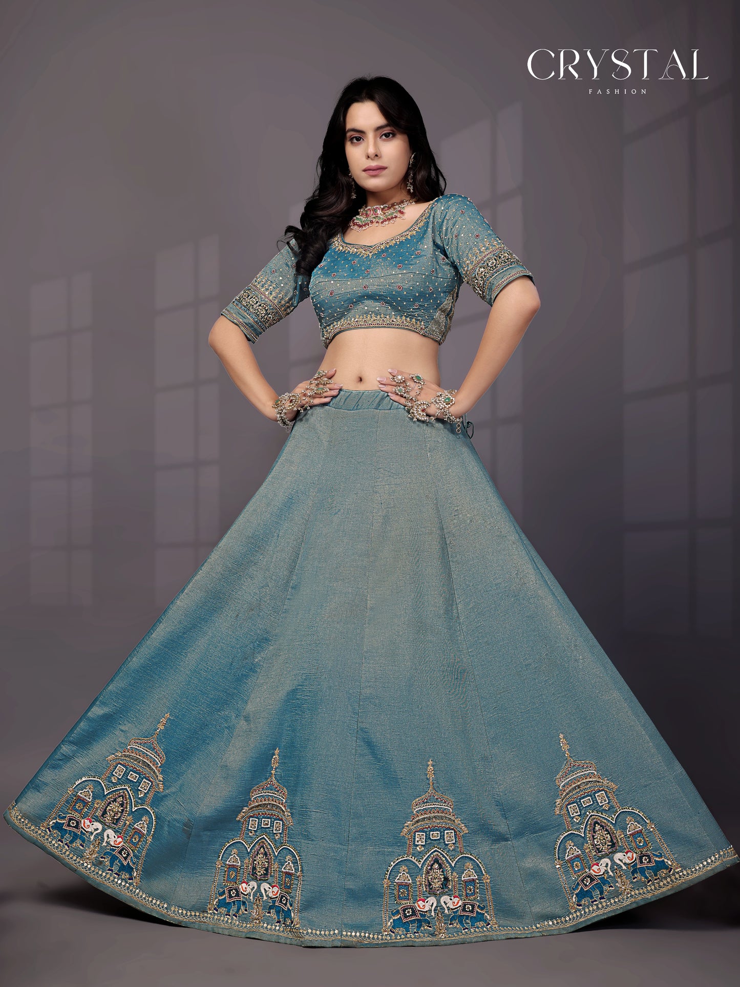 Rama Jari Tissue Lehenga Choli – Elephant Motif Hand Embroidery