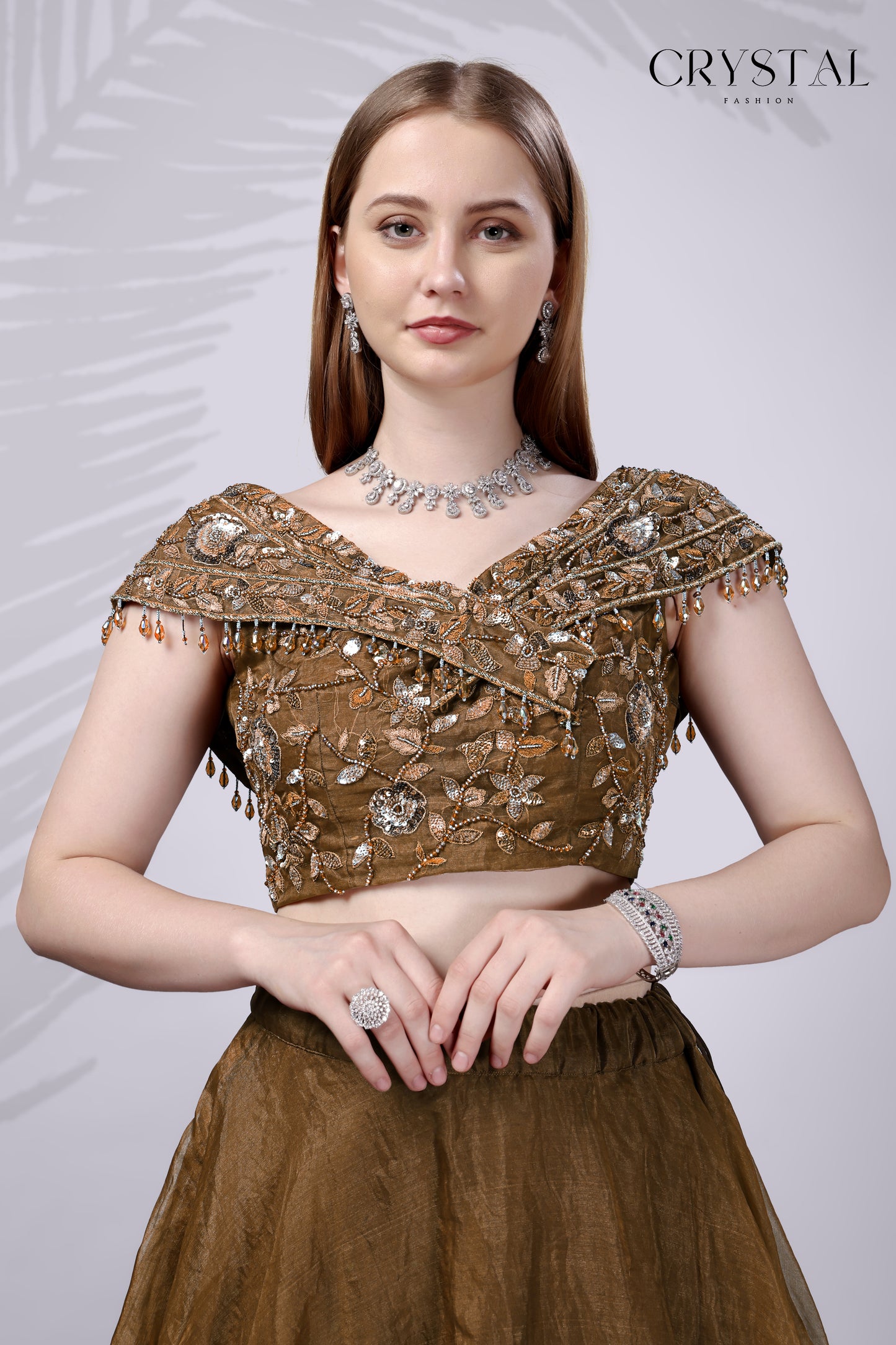 Brown Organza Western Lehenga Choli – Hand Embroidery Work