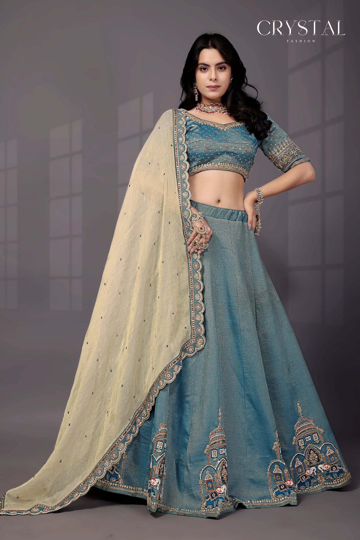 Rama Jari Tissue Lehenga Choli – Elephant Motif Hand Embroidery