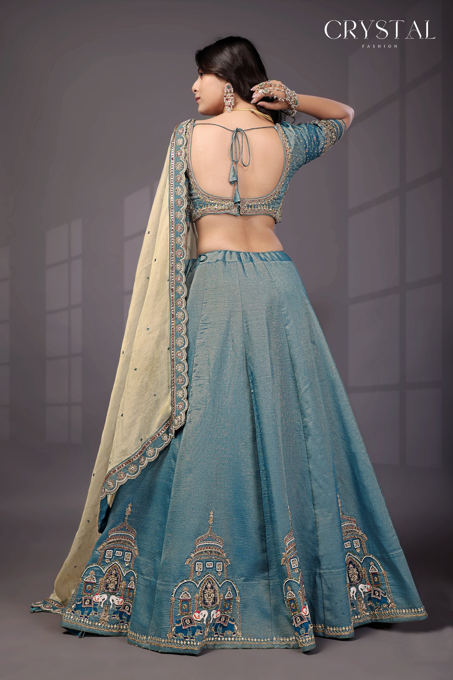 Rama Jari Tissue Lehenga Choli – Elephant Motif Hand Embroidery
