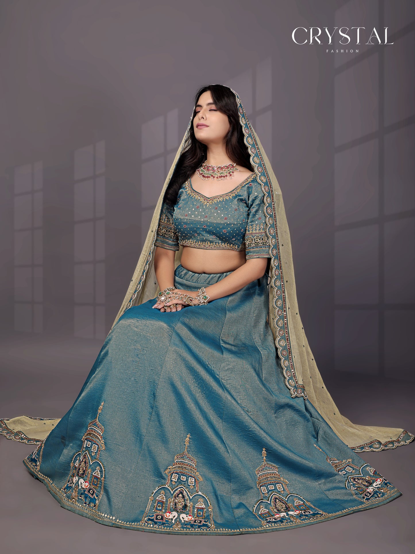 Rama Jari Tissue Lehenga Choli – Elephant Motif Hand Embroidery