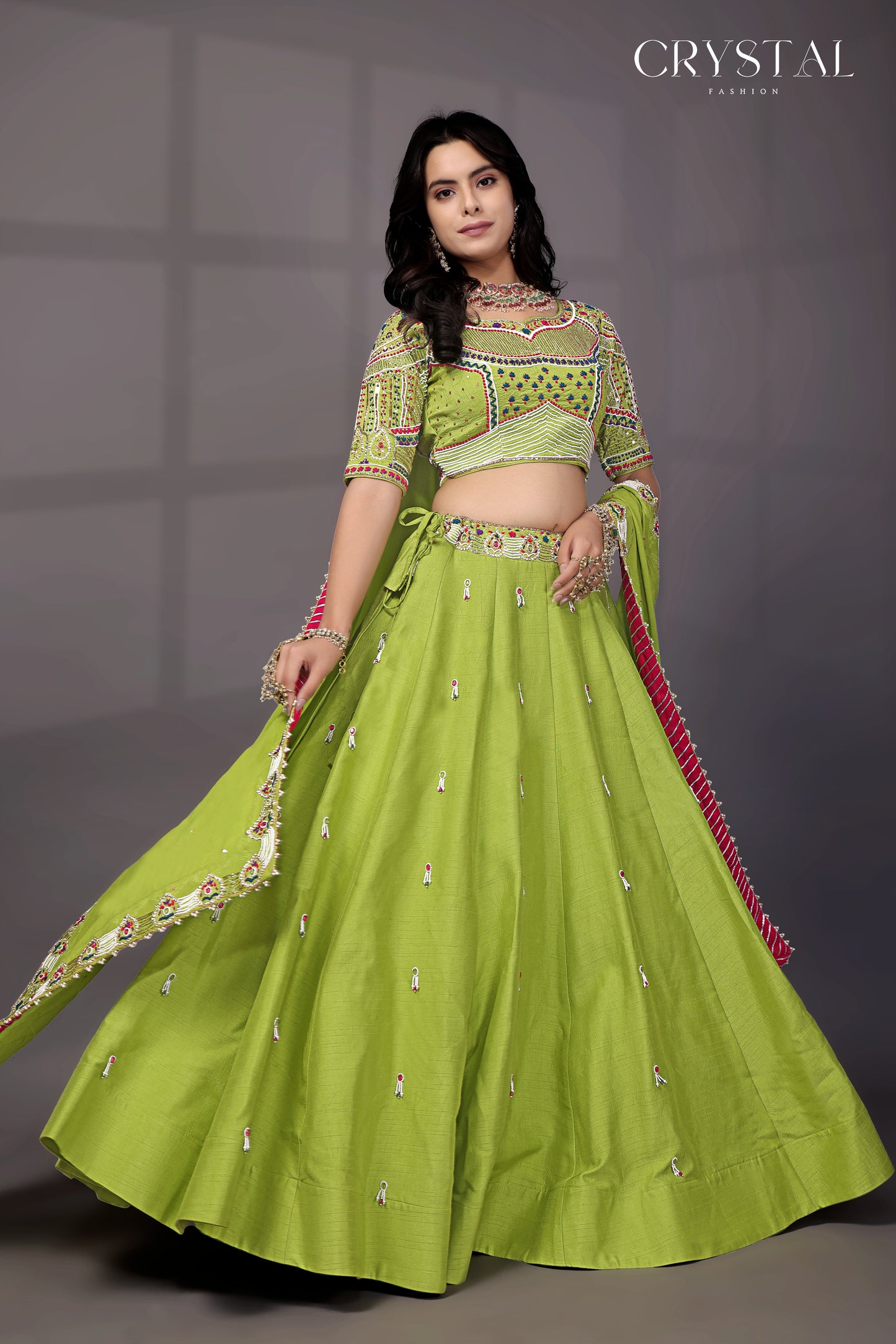 Neon Parrot Silk Lehenga Choli – Crystal Beads Hand Embroidery Work