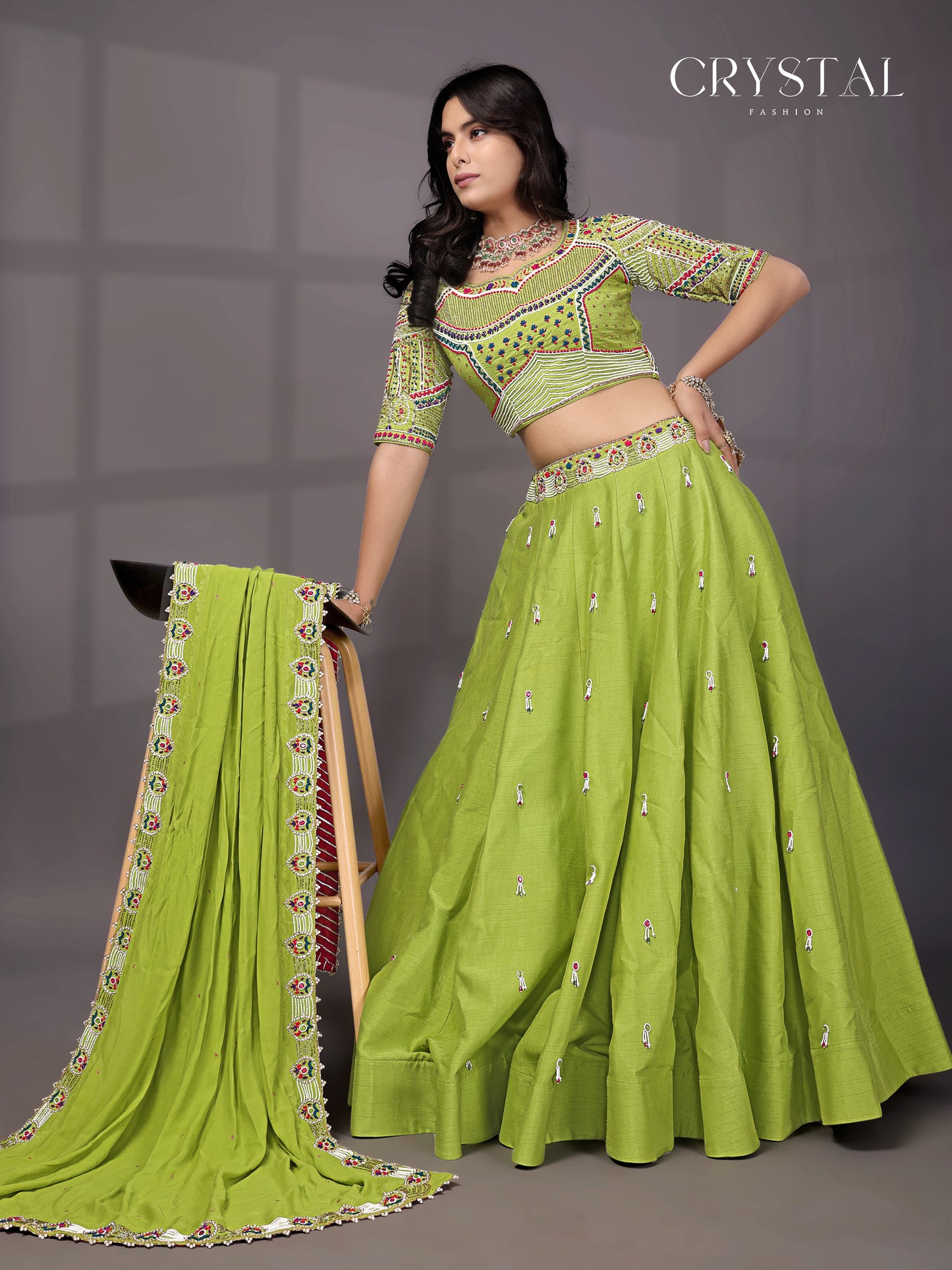 Neon Parrot Silk Lehenga Choli – Crystal Beads Hand Embroidery Work