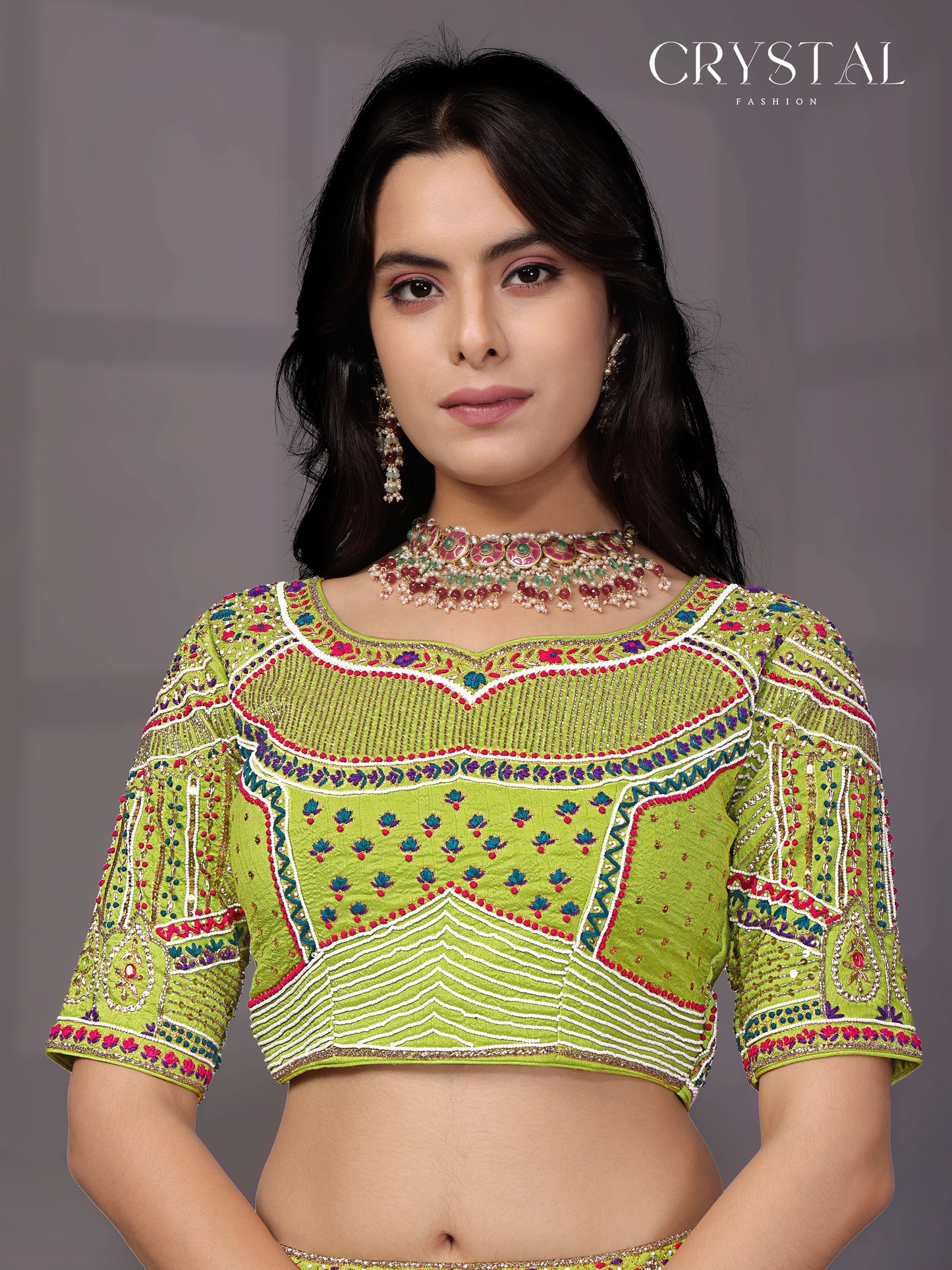 Neon Parrot Silk Lehenga Choli – Crystal Beads Hand Embroidery Work