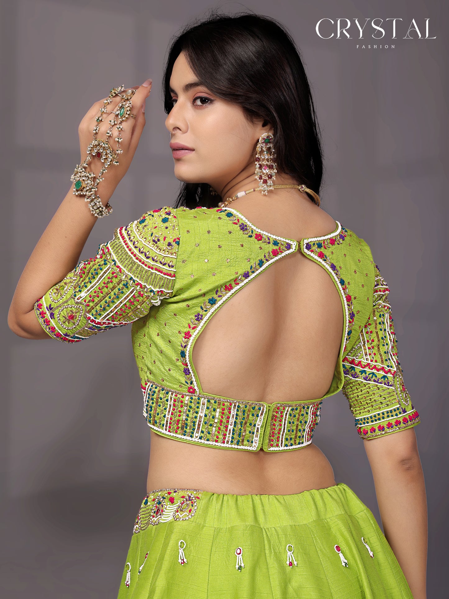 Neon Parrot Silk Lehenga Choli – Crystal Beads Hand Embroidery Work