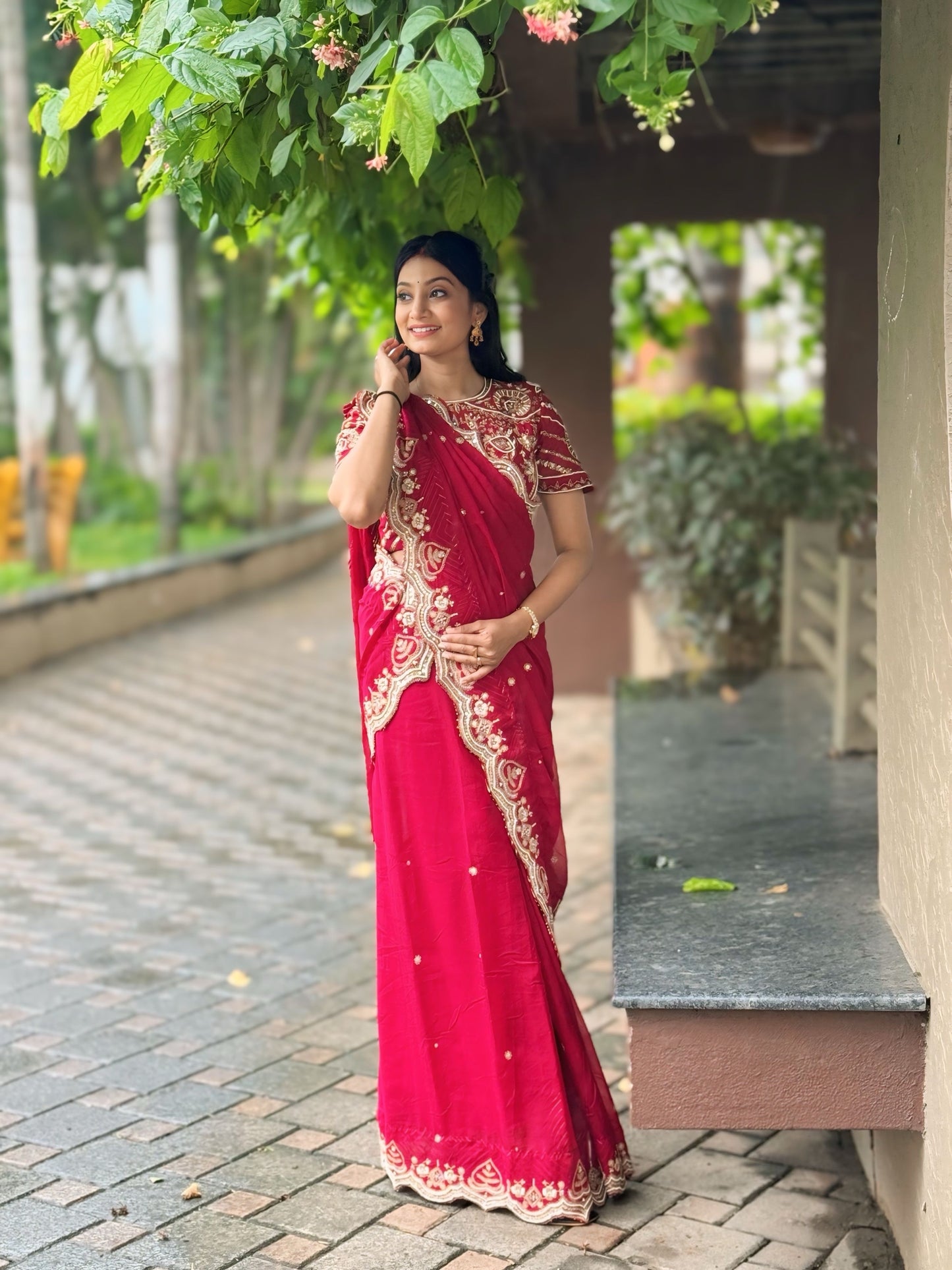 Regal Red Moti Handwork Saree with Heavily Embroidered Designer Blouse