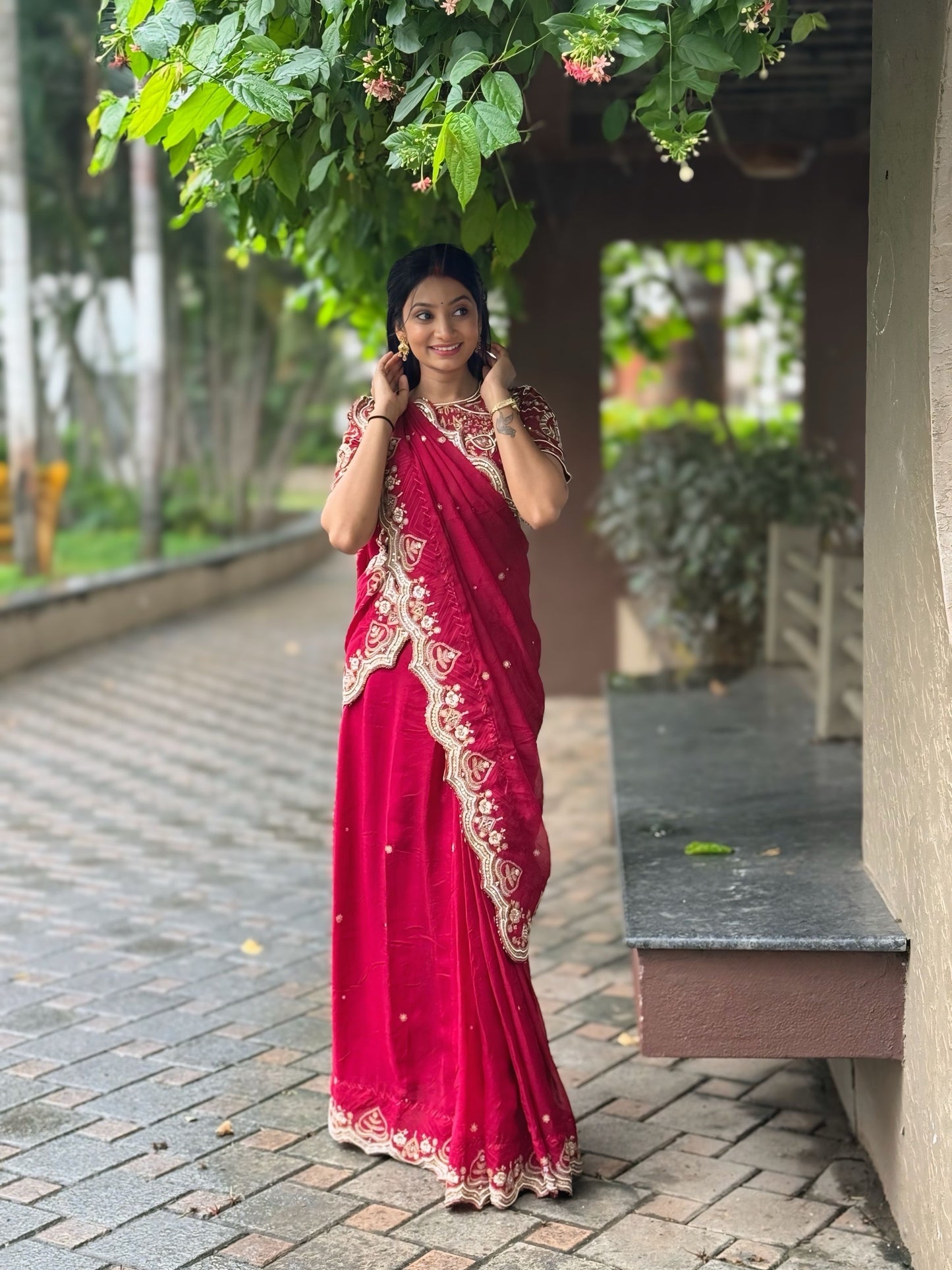 Regal Red Moti Handwork Saree with Heavily Embroidered Designer Blouse
