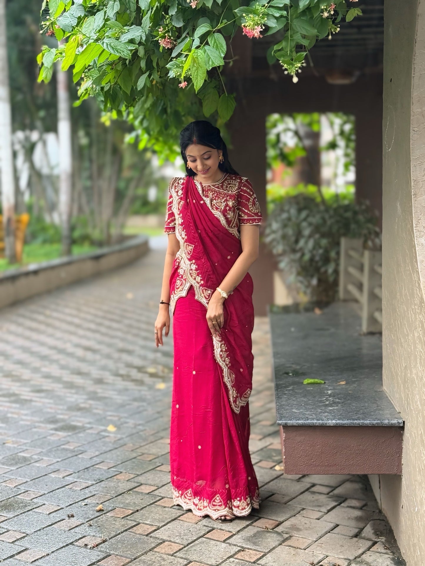 Regal Red Moti Handwork Saree with Heavily Embroidered Designer Blouse