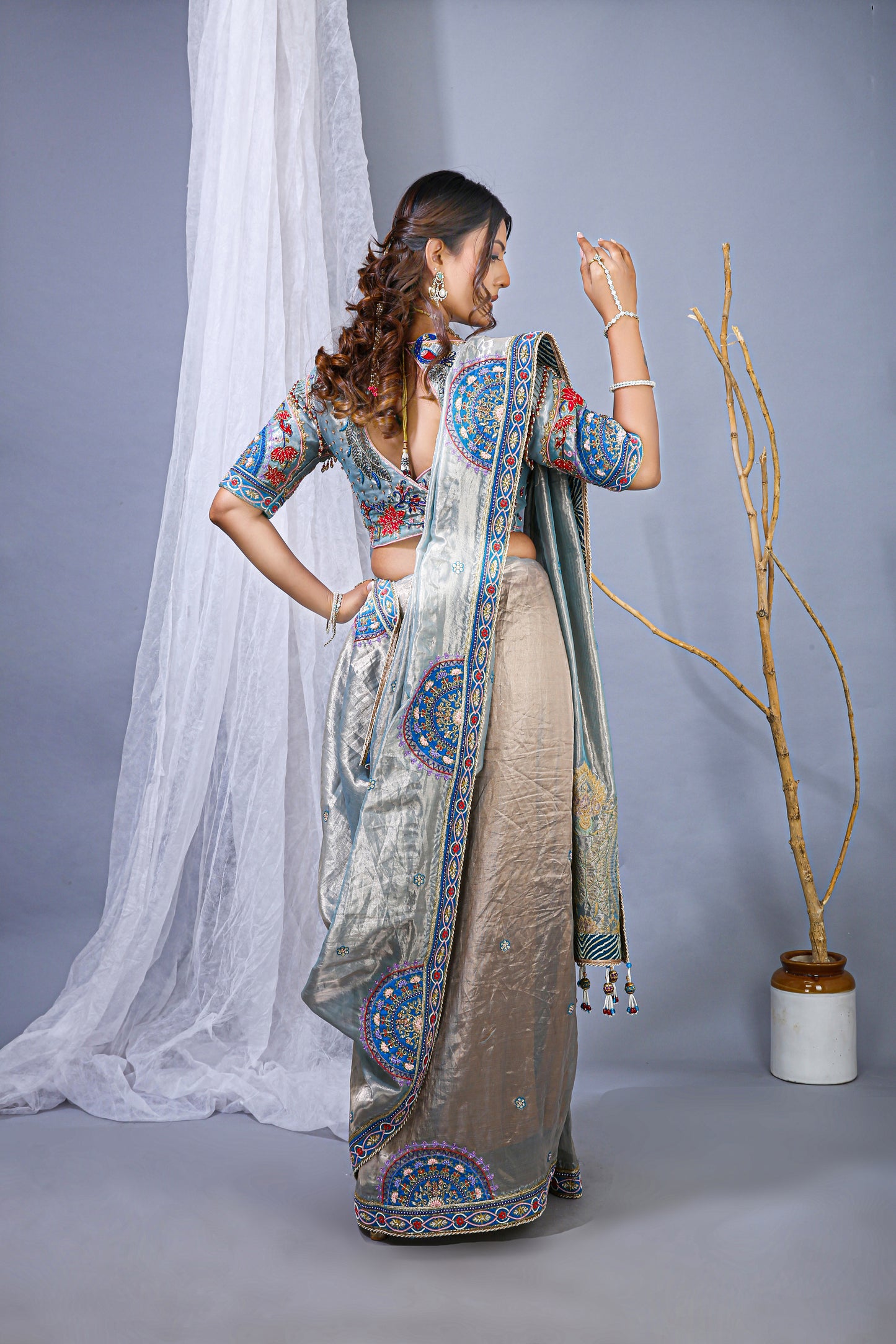 Sky Banarasi Silk Saree – Peacock Pallu Embroidery Work