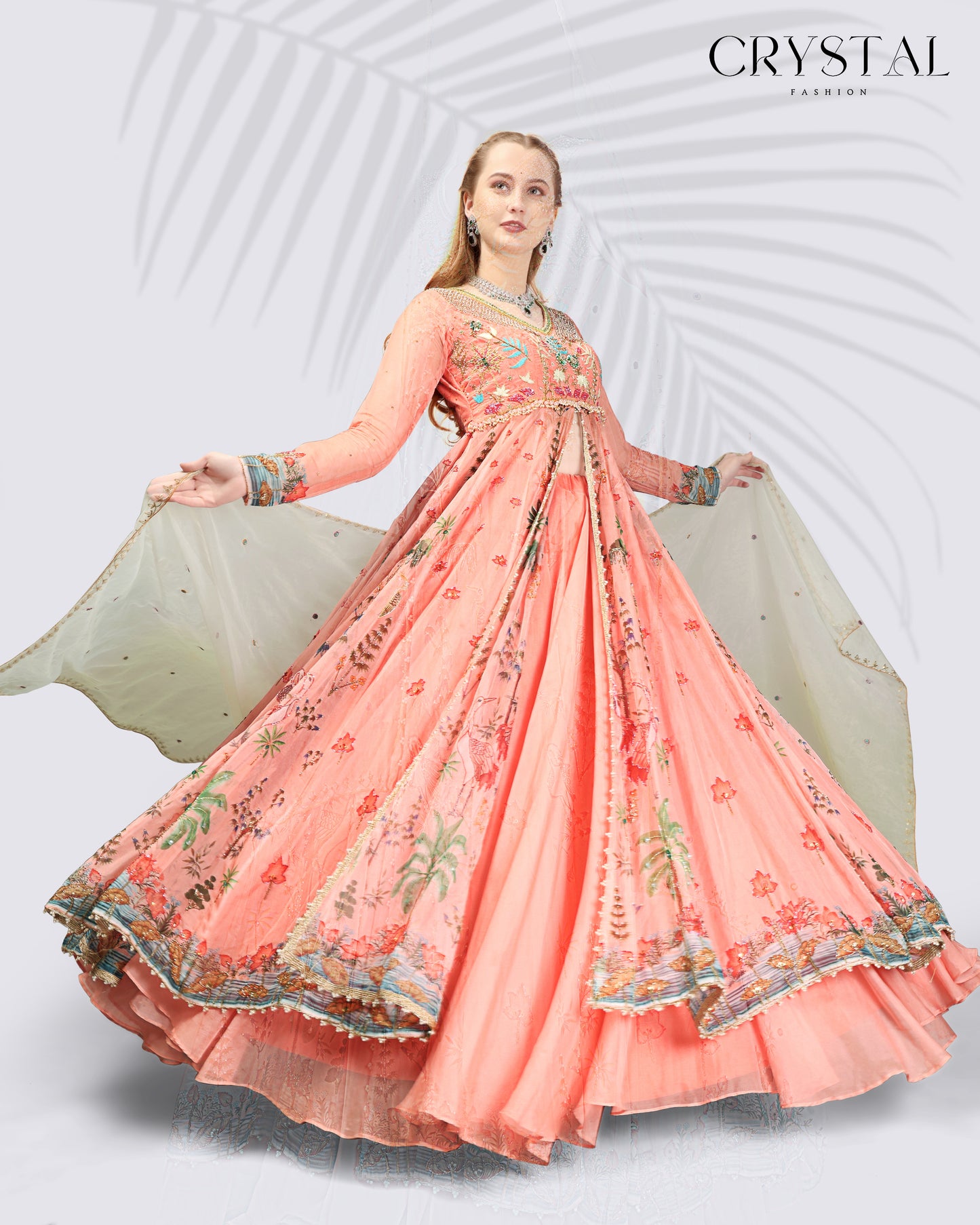 Peach Digital Print Indo-Western – Subtle Hand Embroidery Touch