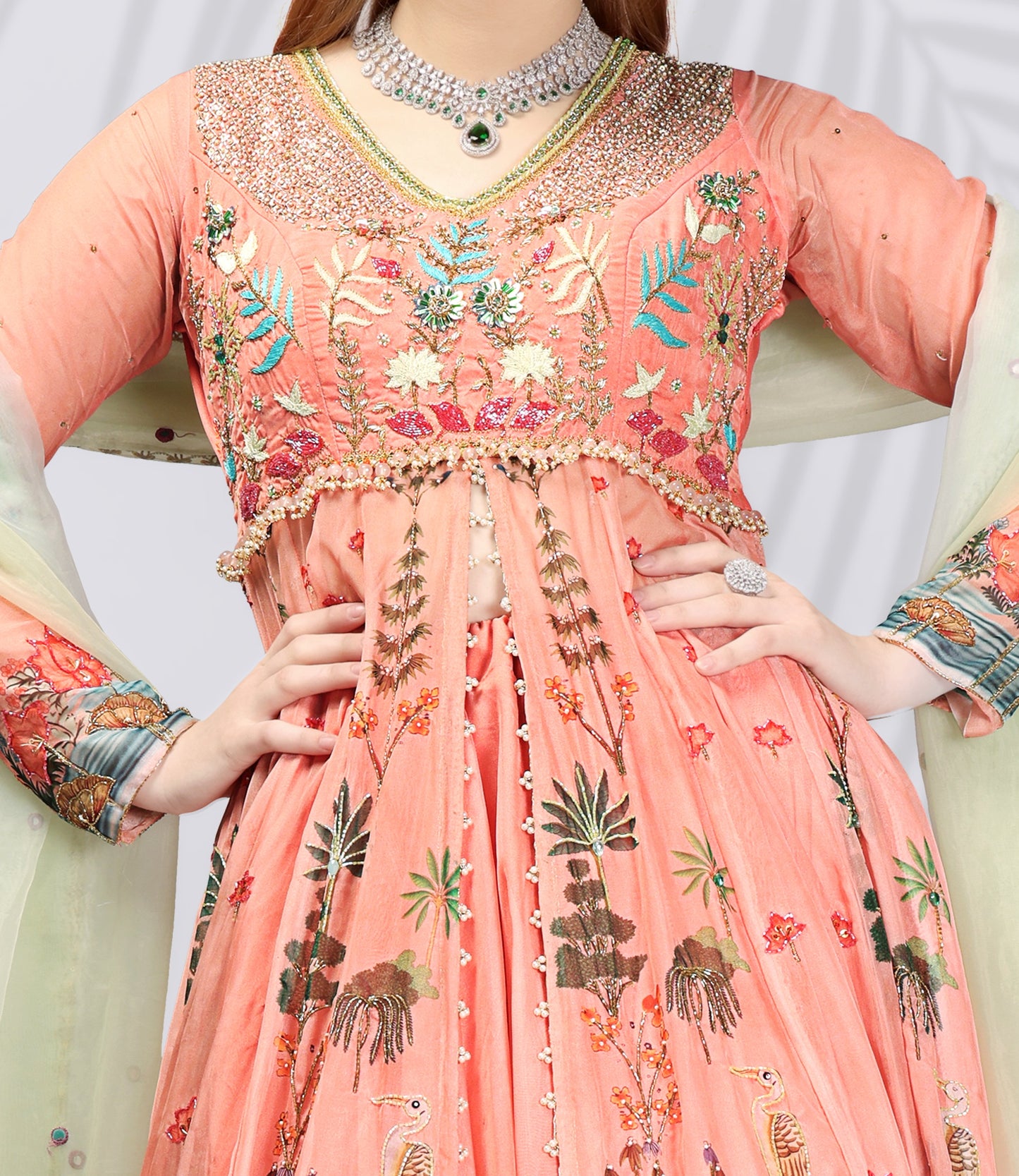 Peach Digital Print Indo-Western – Subtle Hand Embroidery Touch