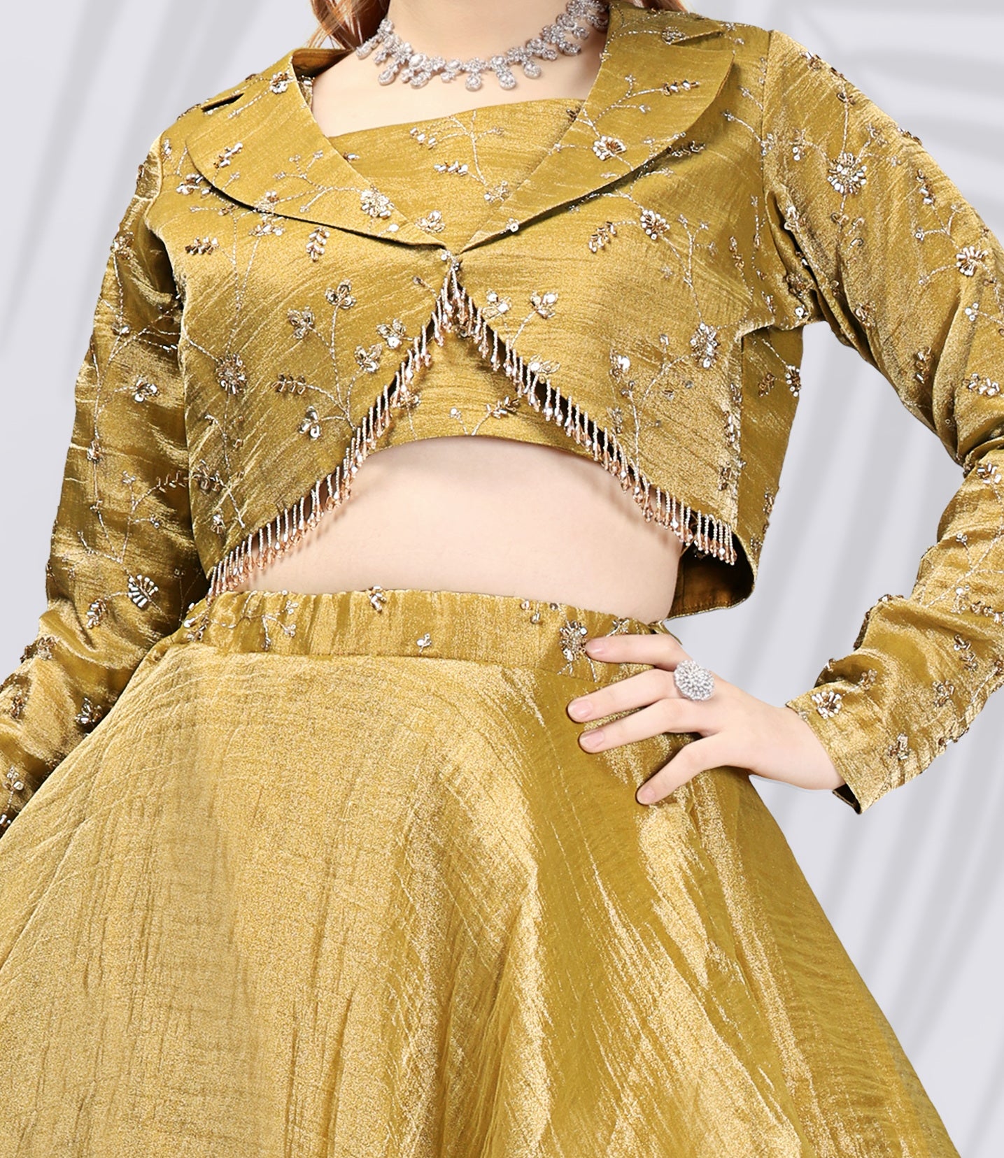 Gold Embroidered Silk Lehenga Choli - Beats Hanging Work