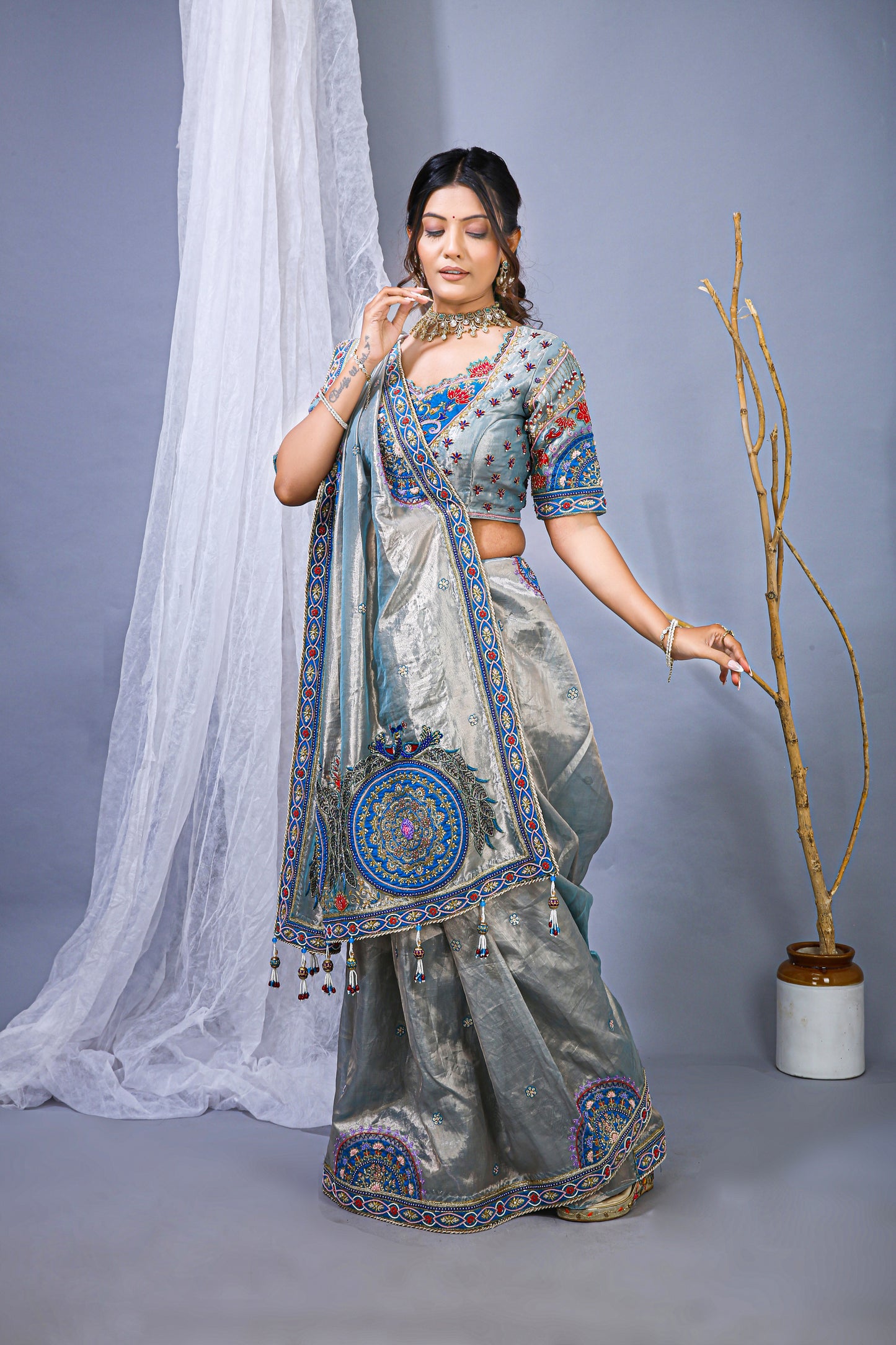 Sky Banarasi Silk Saree – Peacock Pallu Embroidery Work