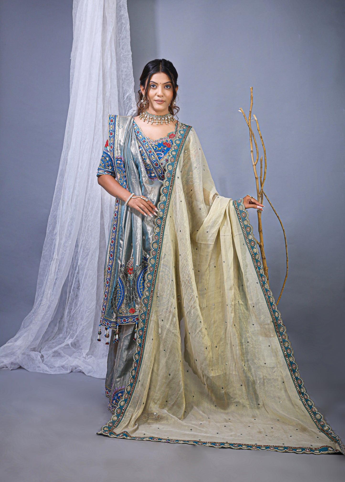Sky Banarasi Silk Saree – Peacock Pallu Embroidery Work