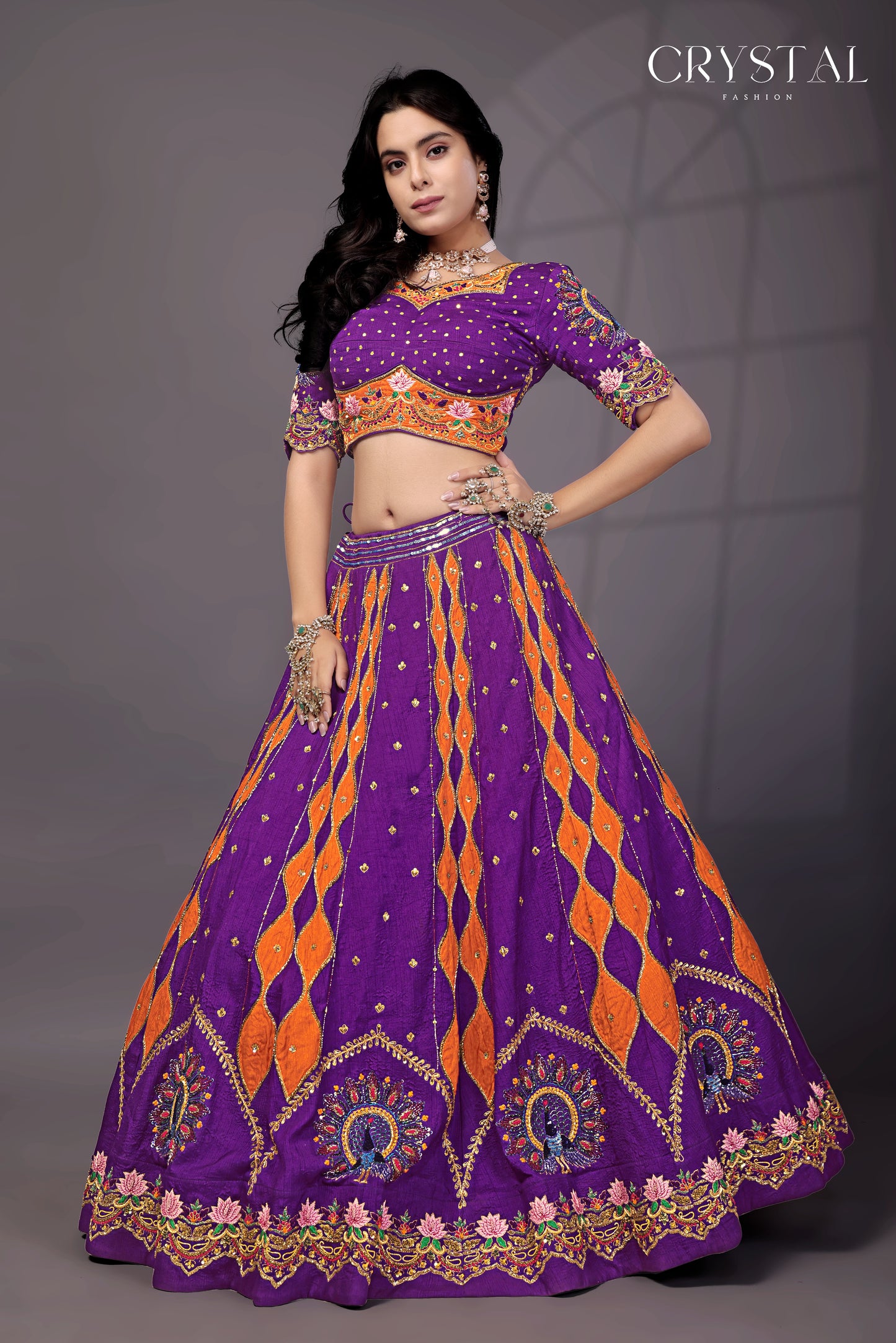 Purple Orange Silk Lehenga Choli – Peacock Motif Hand Embroidery