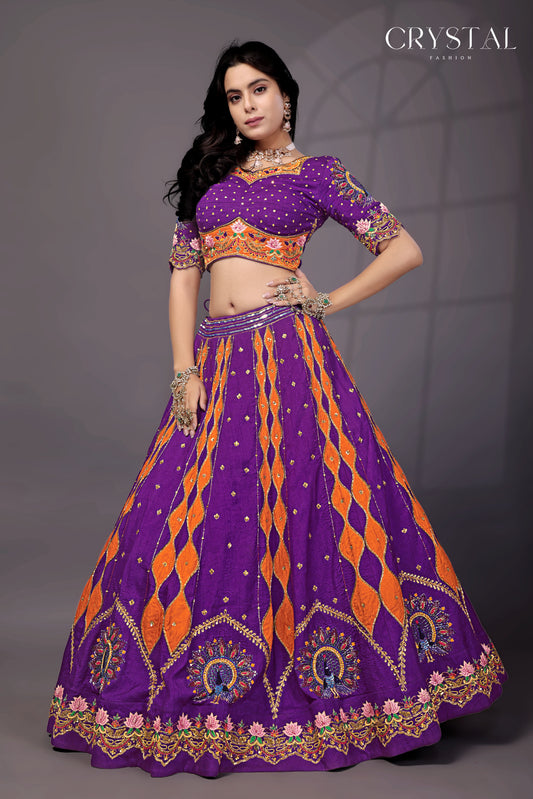 Purple Orange Silk Lehenga Choli – Peacock Motif Hand Embroidery
