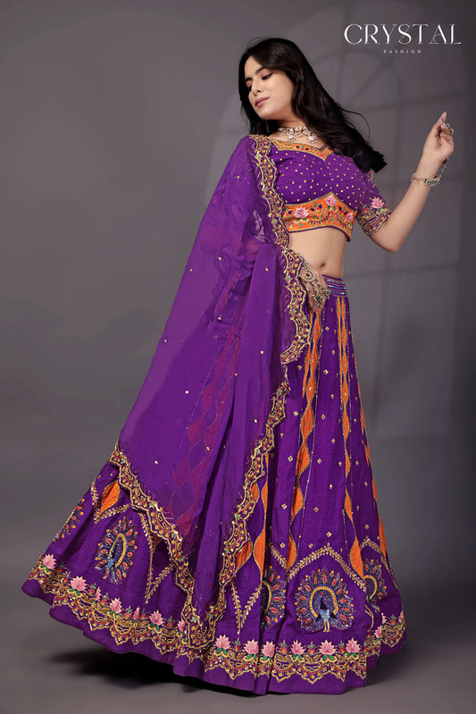 Purple Orange Silk Lehenga Choli – Peacock Motif Hand Embroidery
