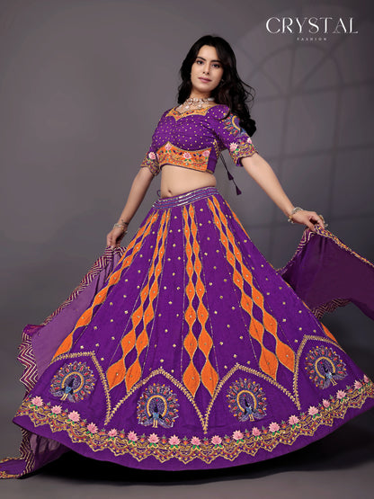 Purple Orange Silk Lehenga Choli – Peacock Motif Hand Embroidery