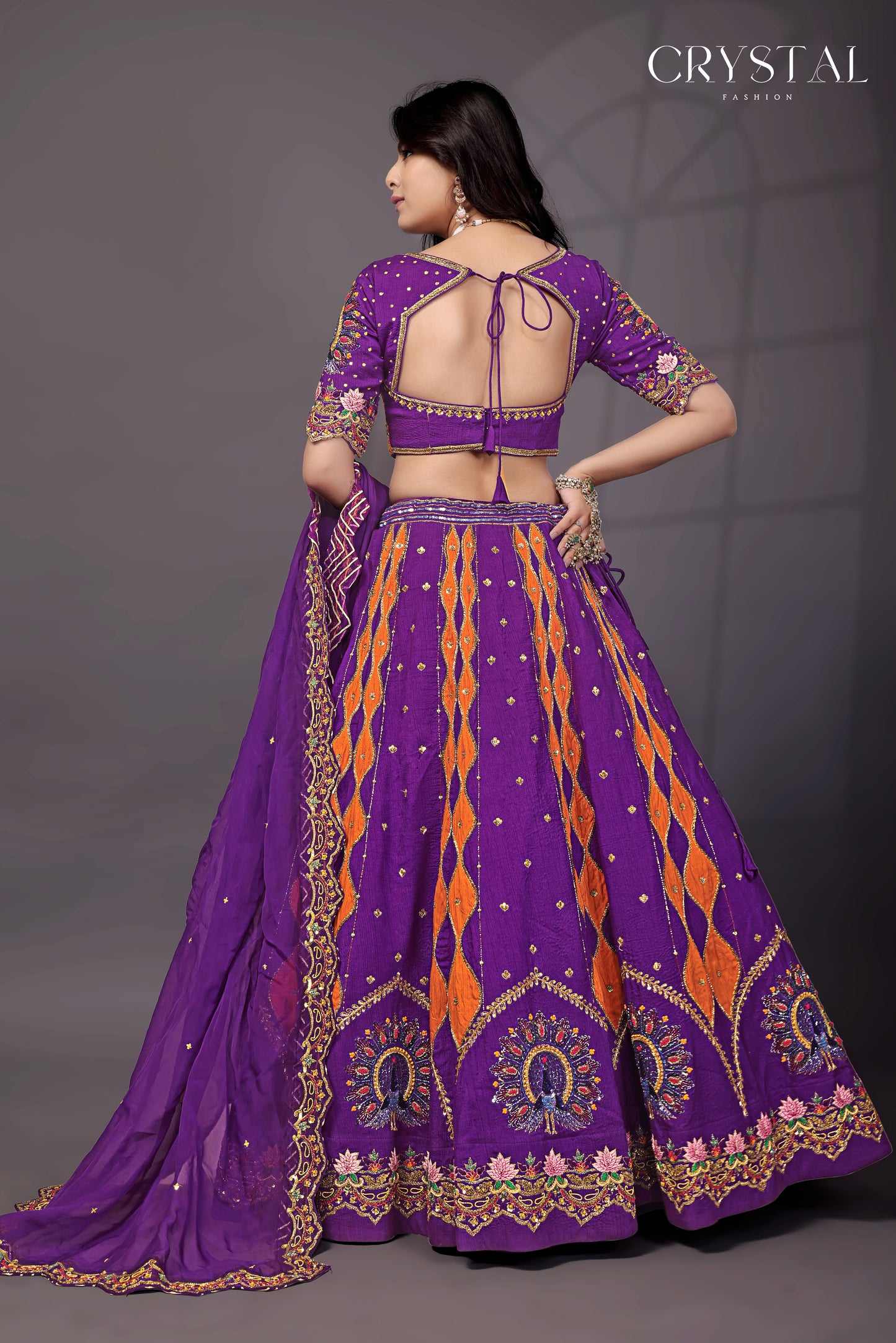 Purple Orange Silk Lehenga Choli – Peacock Motif Hand Embroidery