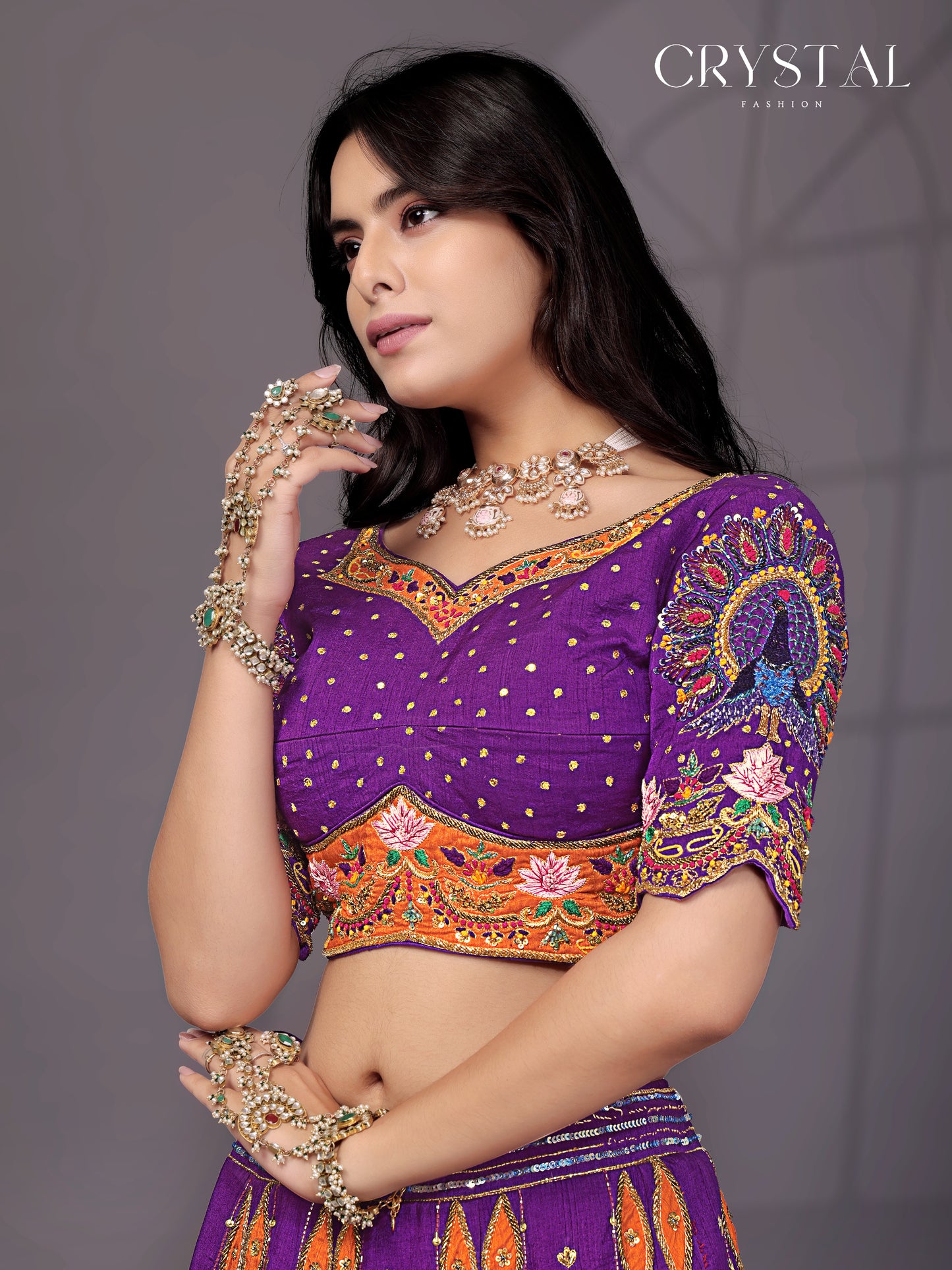 Purple Orange Silk Lehenga Choli – Peacock Motif Hand Embroidery
