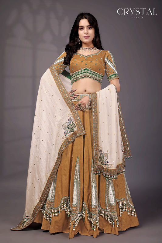 Mustard Yellow Silk Lehenga Choli – Hanging Beads Embellishment