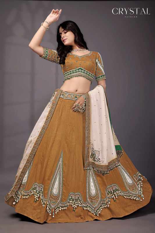 Mustard Yellow Silk Lehenga Choli – Hanging Beads Embellishment