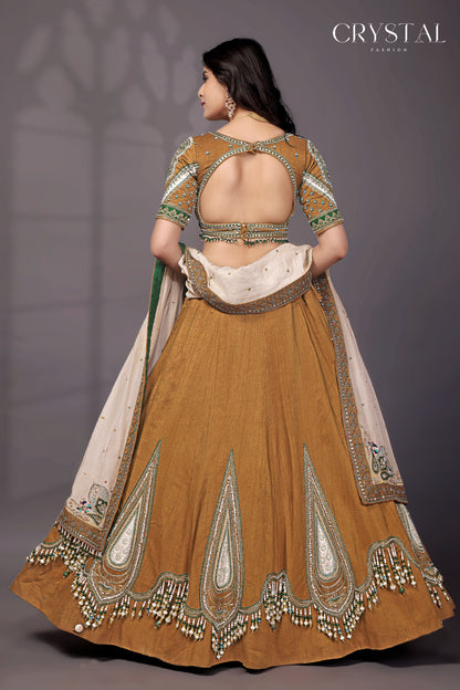 Mustard Yellow Silk Lehenga Choli – Hanging Beads Embellishment