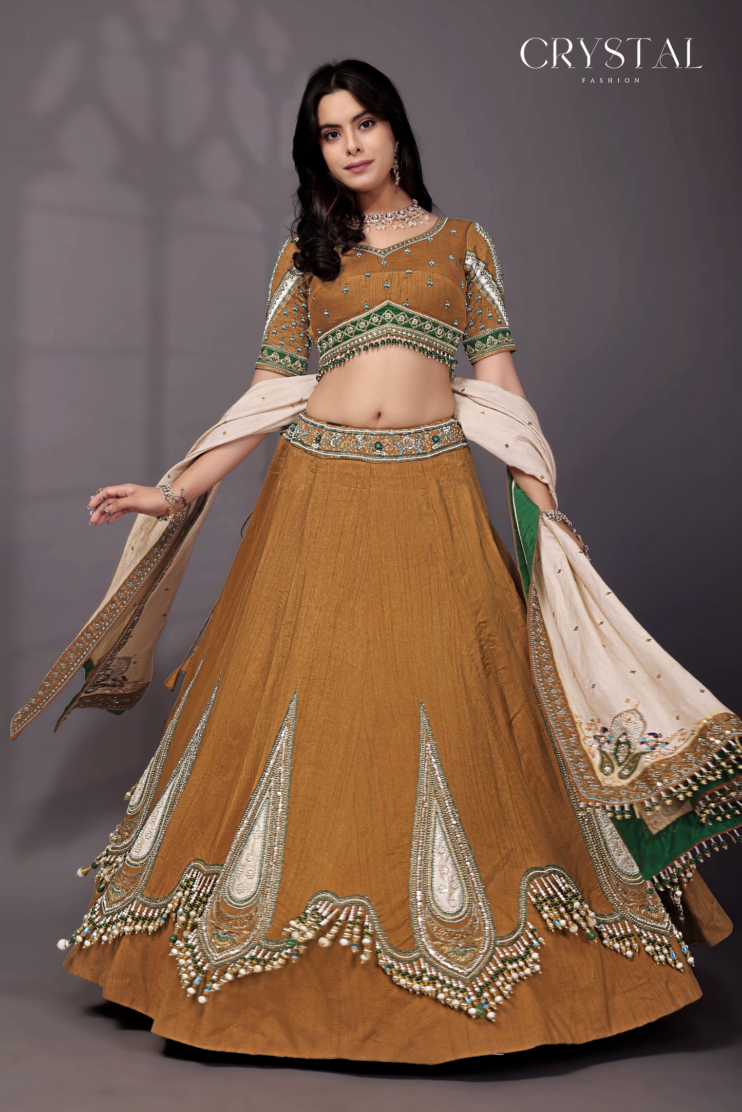 Mustard Yellow Silk Lehenga Choli – Hanging Beads Embellishment