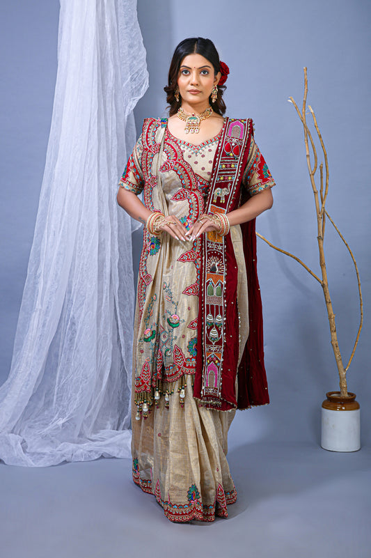 Golden Silk Saree – Hand Embroidery Border Work