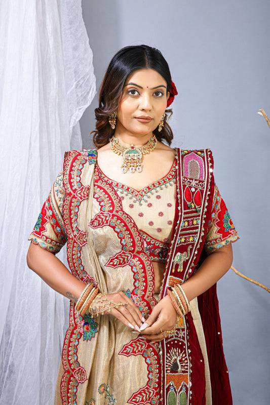 Golden Silk Saree – Hand Embroidery Border Work